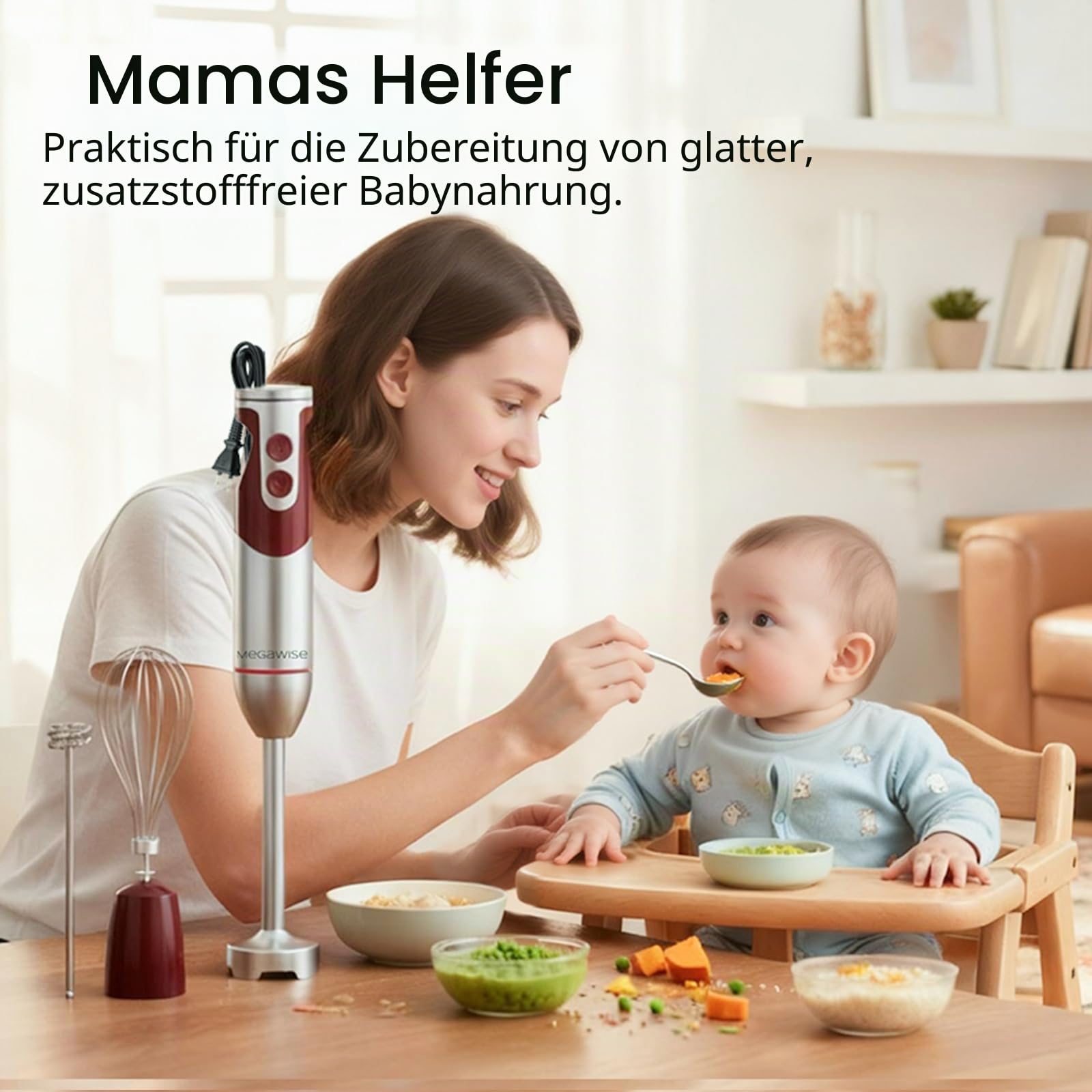 3-in-1 Taucher-Stabmixer, leistungsstarker 1000 W Edelstahl-Stabmixer, 4 scharfe Klingen mit Schneebesen, Milchaufschäumer-Aufsätze