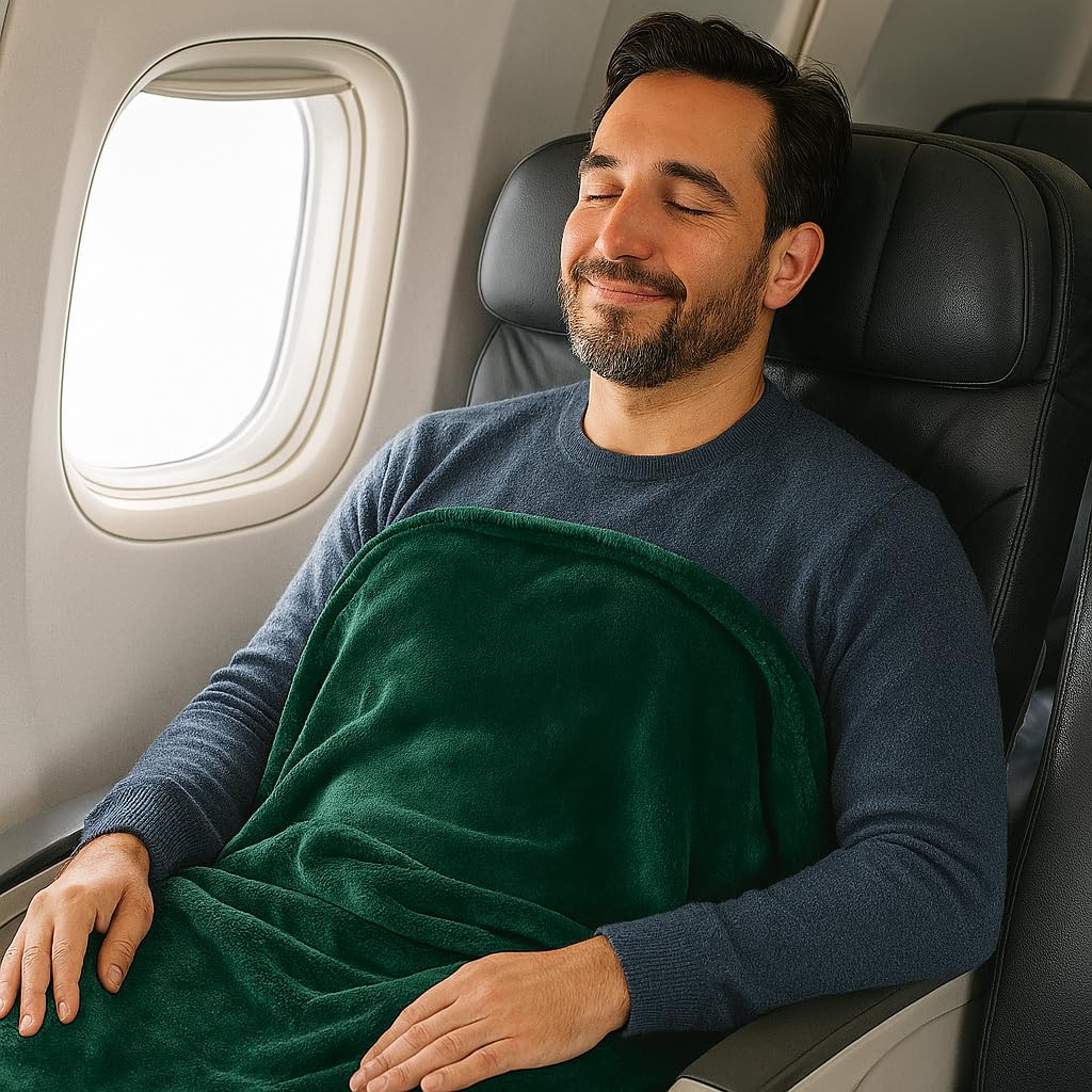 Coperta e cuscino da viaggio Comfort Fly – Coperta 2 in 1 in micro peluche con custodia per il trasporto (101,6 x 177,8 cm), Verde, 40" x 70", Moderno