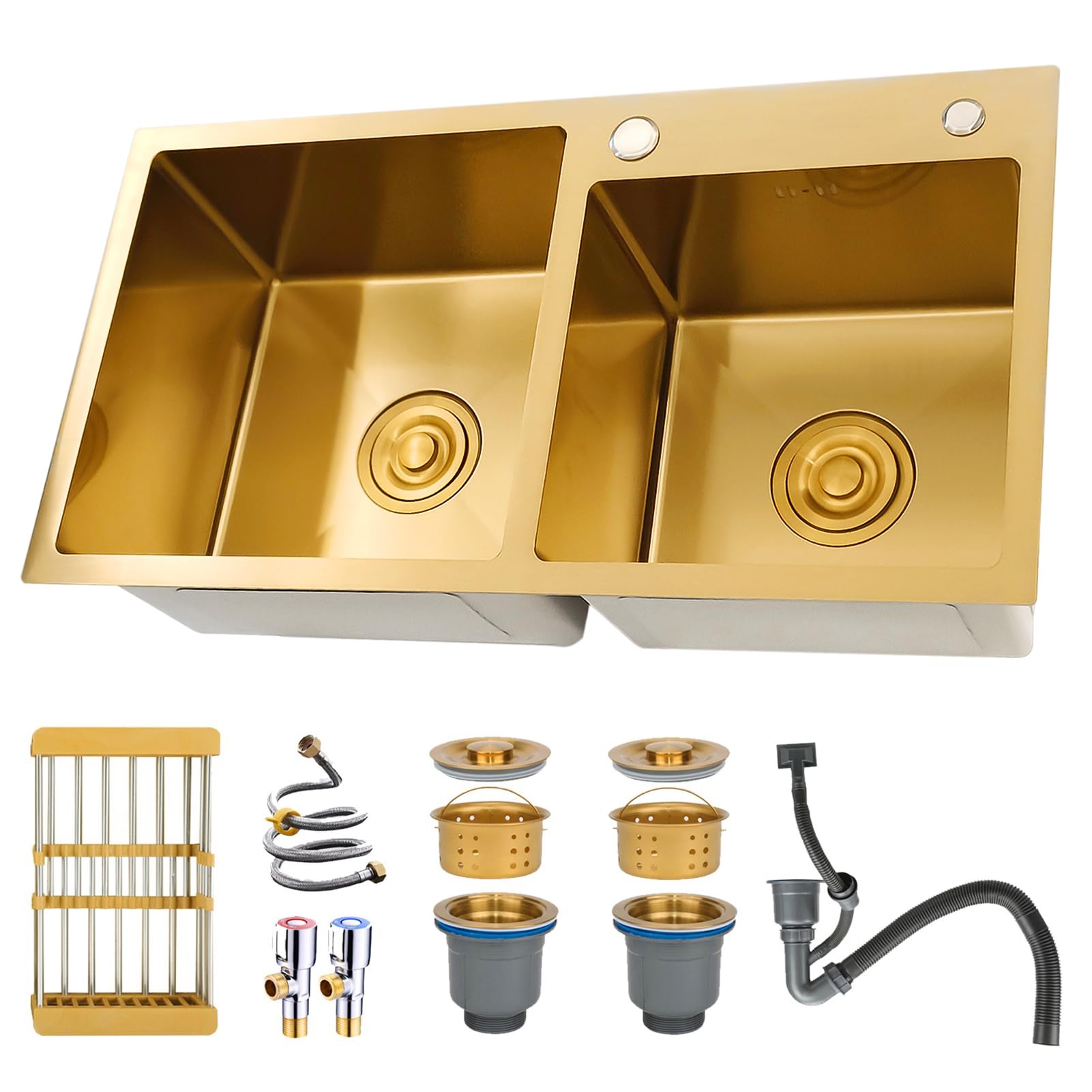 Dorado Fregadero Cocina 2 Seno 75x40cm, Fregadero Cuadrado de Acero Inoxidable con Grifo, Apto para instalación bajo encimera, Enrasado o Sobre encimera