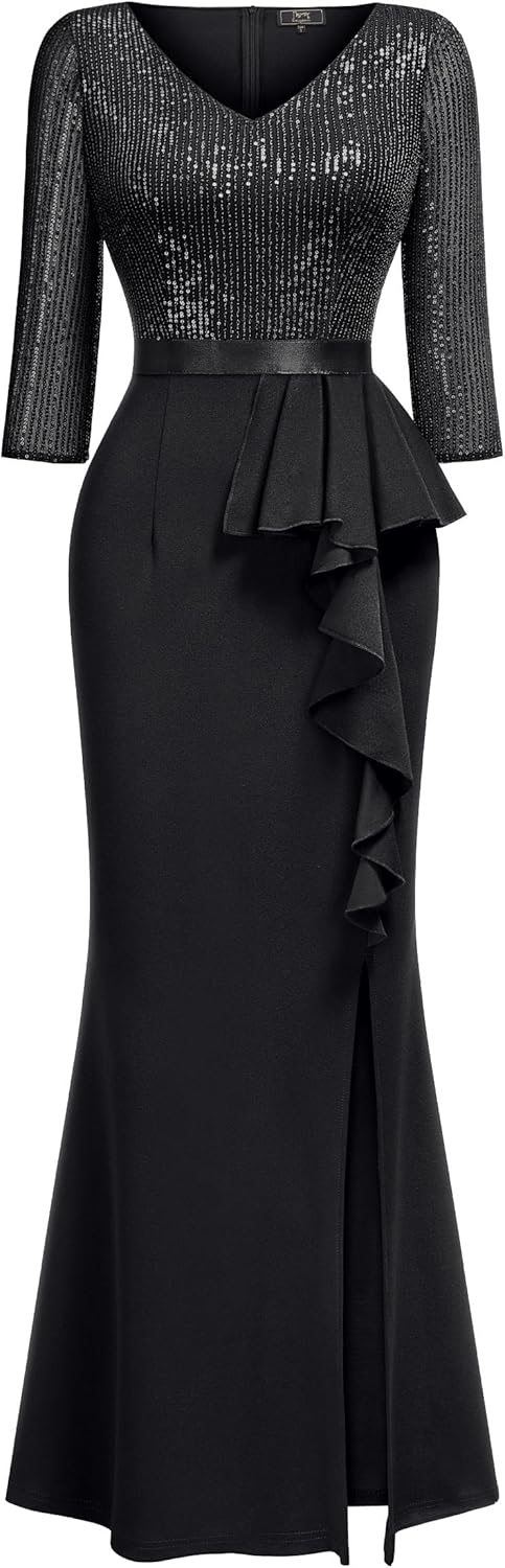 MISSMAY Women's Elegant Sequin V-Neck Evening Party Mermaid Long Dress - Image 3