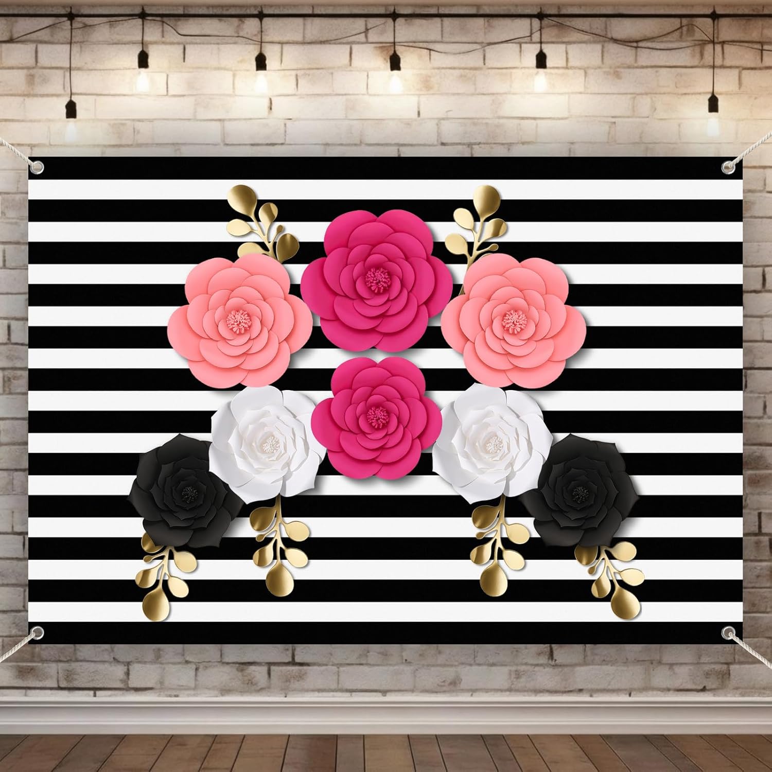 7x5ft White and Black Stripes Photography Backdrops and Large 3D Paper Flowers Decorations for Wall with Gold Leaves for Mexican Festive Wedding Party Decor Photo Studio Props