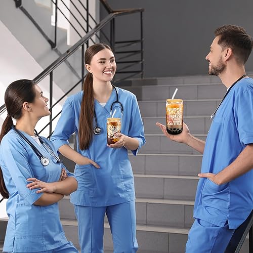 Miniatura 6 de Uiifan 12 vasos de vidrio con forma de lata de 16 onzas con tapas y pajilla, regalos divertidos de agradecimiento para la semana de las enfermeras,