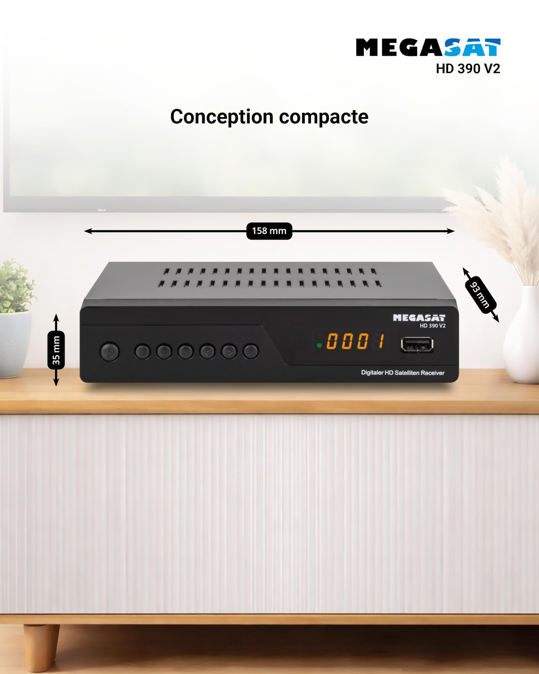 Megasat HD 390 – Récepteur Satellite HD (DVB-S/DVB-S2, Lecteur multimédia, HDMI, Péritel, 2 × USB, écran) – Noir