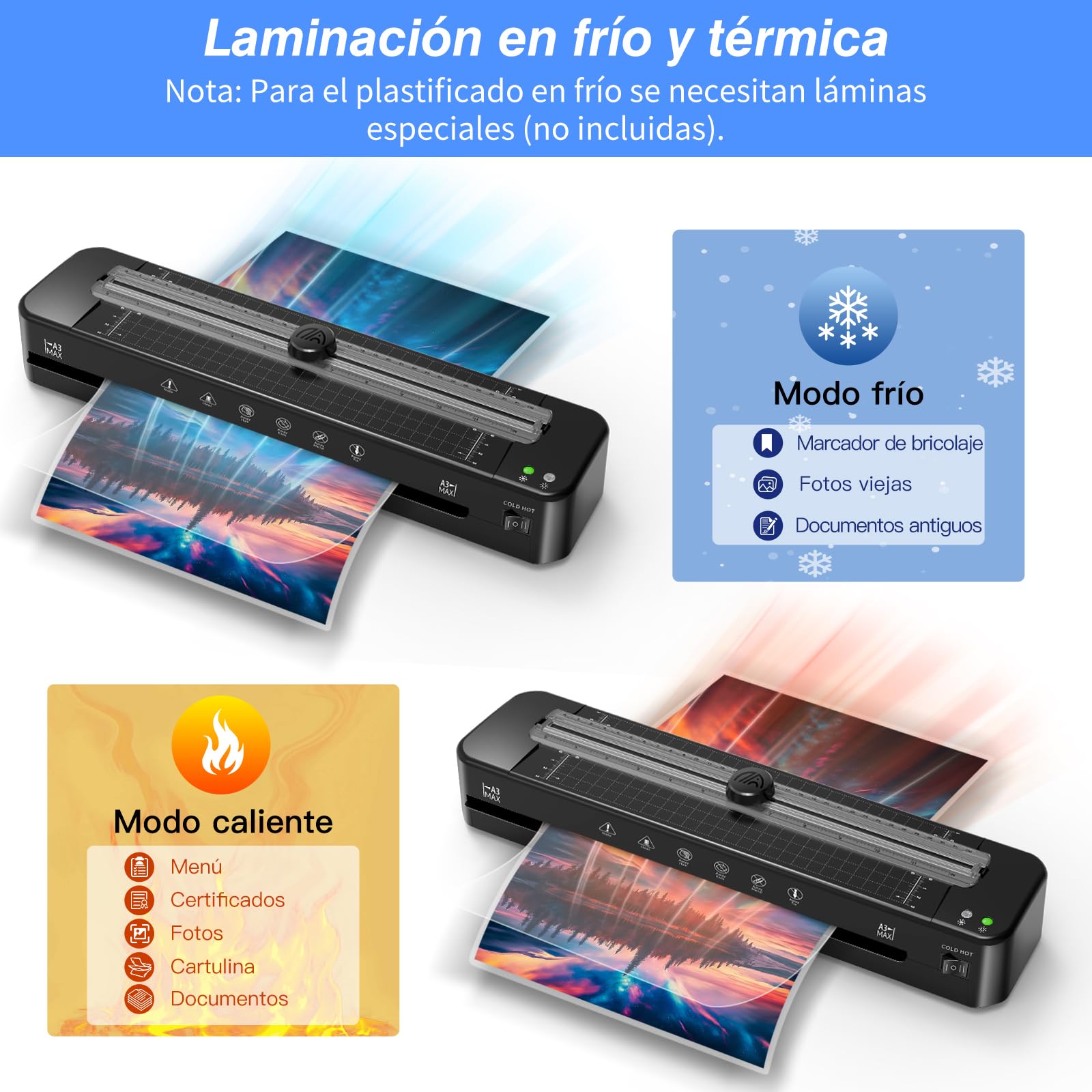 Plastificadora A3 con sistema antiatascos de ABS con 30 hojas para A3 A4 A5 A6 - Laminadora en frío versátil para oficina, hogar y escuela
