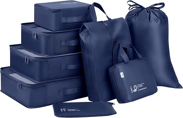 DIMJ Packing Cubes 8 Sets Travel Luggage Organizers for Suitcases Waterproof Packing Organiser with Label Shoe Storage Bags Laundry Bag (Navy Blue)