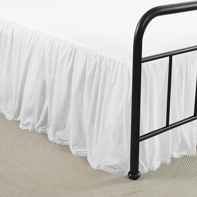 100% Lightweight Cotton Bed Skirt, King Size 18" Drop, Crochet Edge, White Dust Ruffle, 3 Sides with Split Corners, French Romantic Style