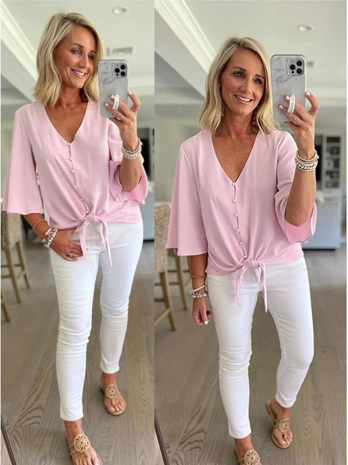 luvamia Women's Casual V Neck Tops 3/4 Sleeve Tie Knot Blouses Solid Button Down Shirts - Image 3