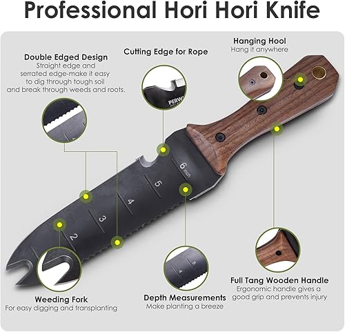 Miniatura 3 de PERWIN Hori Hori - Cuchillo de jardín, herramientas de jardín con funda para desmalezar, plantar, excavar, hoja de acero inoxidable de 7 pulgadas