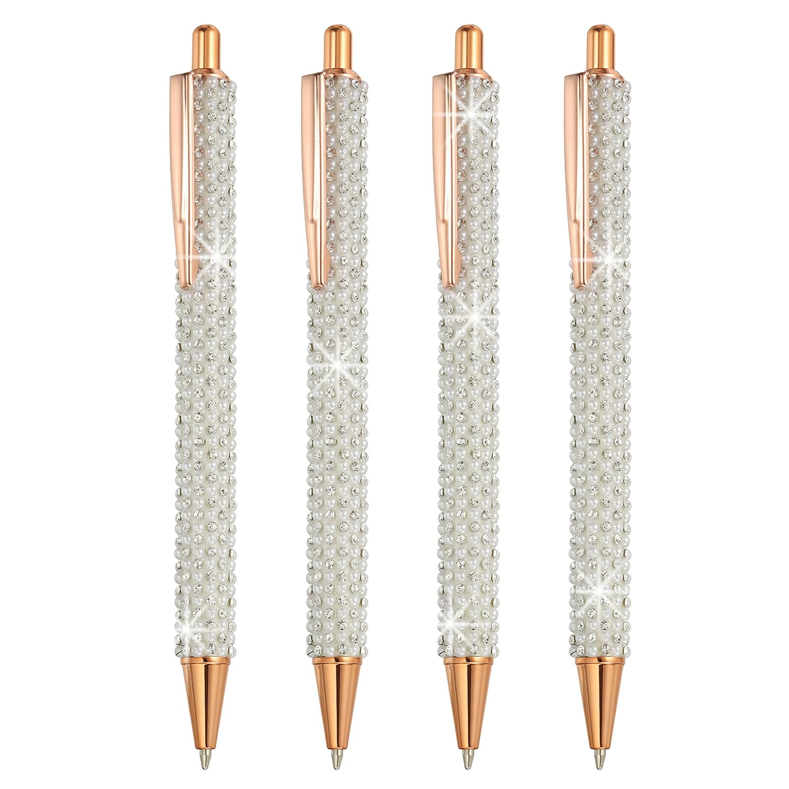 PATIKIL Rhinestone Metal Ballpoint Pen, 4 Pack Crystal Pearl Pens Black Ink 1.0mm Point Sparkly for Women Gift Office Note Taking Journaling, White