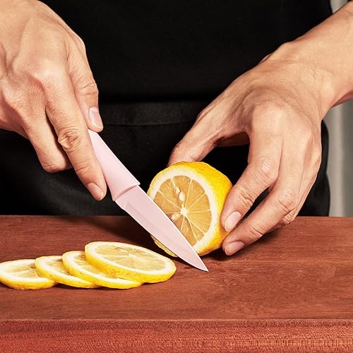 Miniatura 8 de Juego de 2 cuchillos de cocina de 3.5 pulgadas con funda + pelador de hoja de acero inoxidable antiadherente, combo rosa (2 cuchillos rosados)