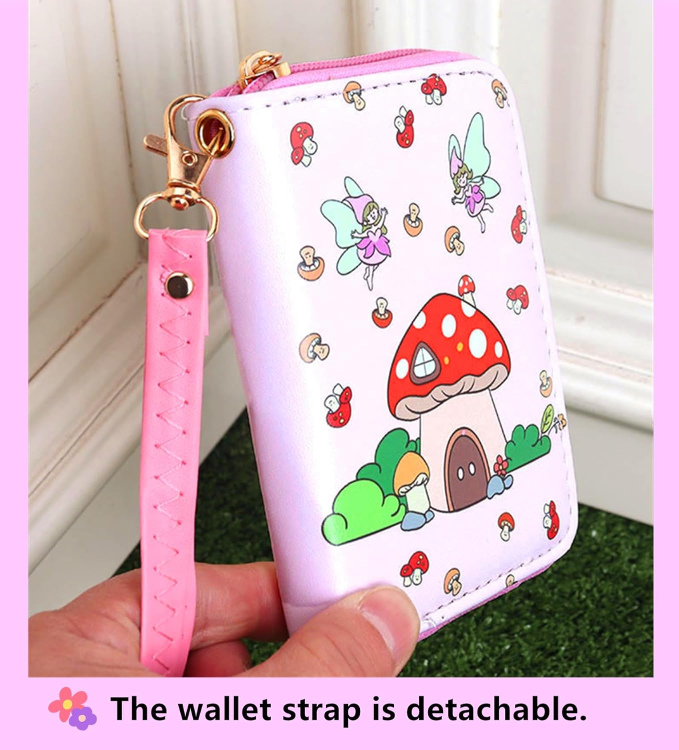 Little Girls Fairy Wallet with Strap, Mushroom Design, Cute Mini Coin Purse, Bi-fold, Faux Leather, 3 Compartments, Zipper Closure - Image 5