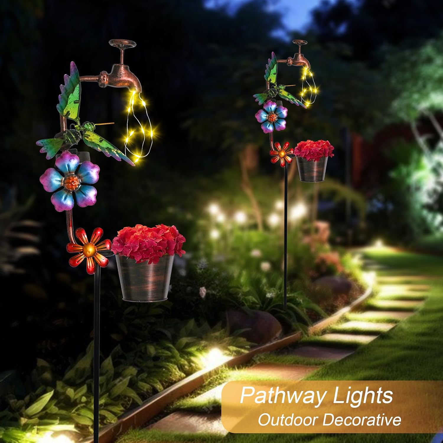Bshine Solar Garden Lights Outdoor Decorative - Hummingbird Solar Stake with Faucet Pathway Lights for Garden, Yard Outdoor Decorative