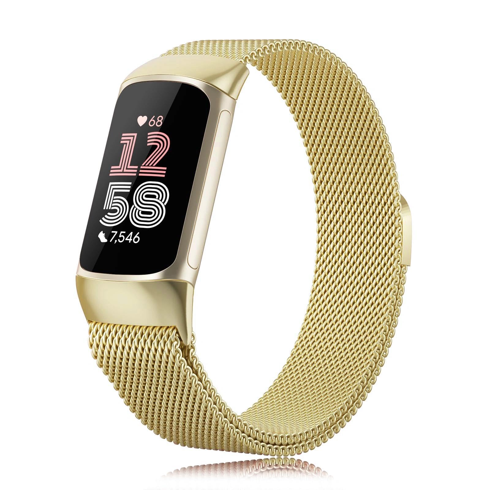 TUV PLNT Compatible with Fitbit Charge 6 Strap Women & Men, Magnetic Clasp Adjustable Metal Bands for Fitbit Charge 5 Strap (Gold)