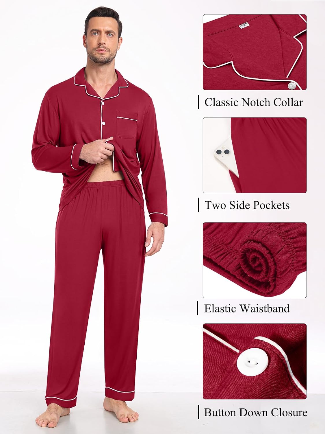 Men Modal Pajama Set Long Sleeve Pjs Button Down Sleepwear Soft Comfy Loungewear Sets 2 Piece Nightwear S-3XL - Image 4