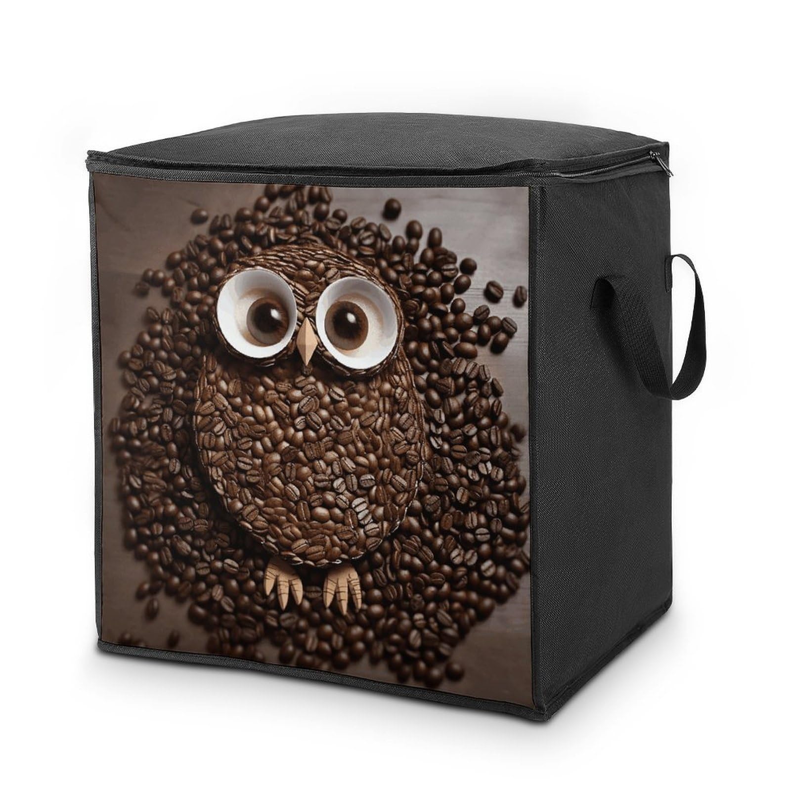 Coffee Bean Owl Storage Bag with Zippers And Handle Extra Large Bedding Comforter Storage Bag Foldable Blanket Storage Bags Fabric Moving Bags for Closet Organizer (70L)