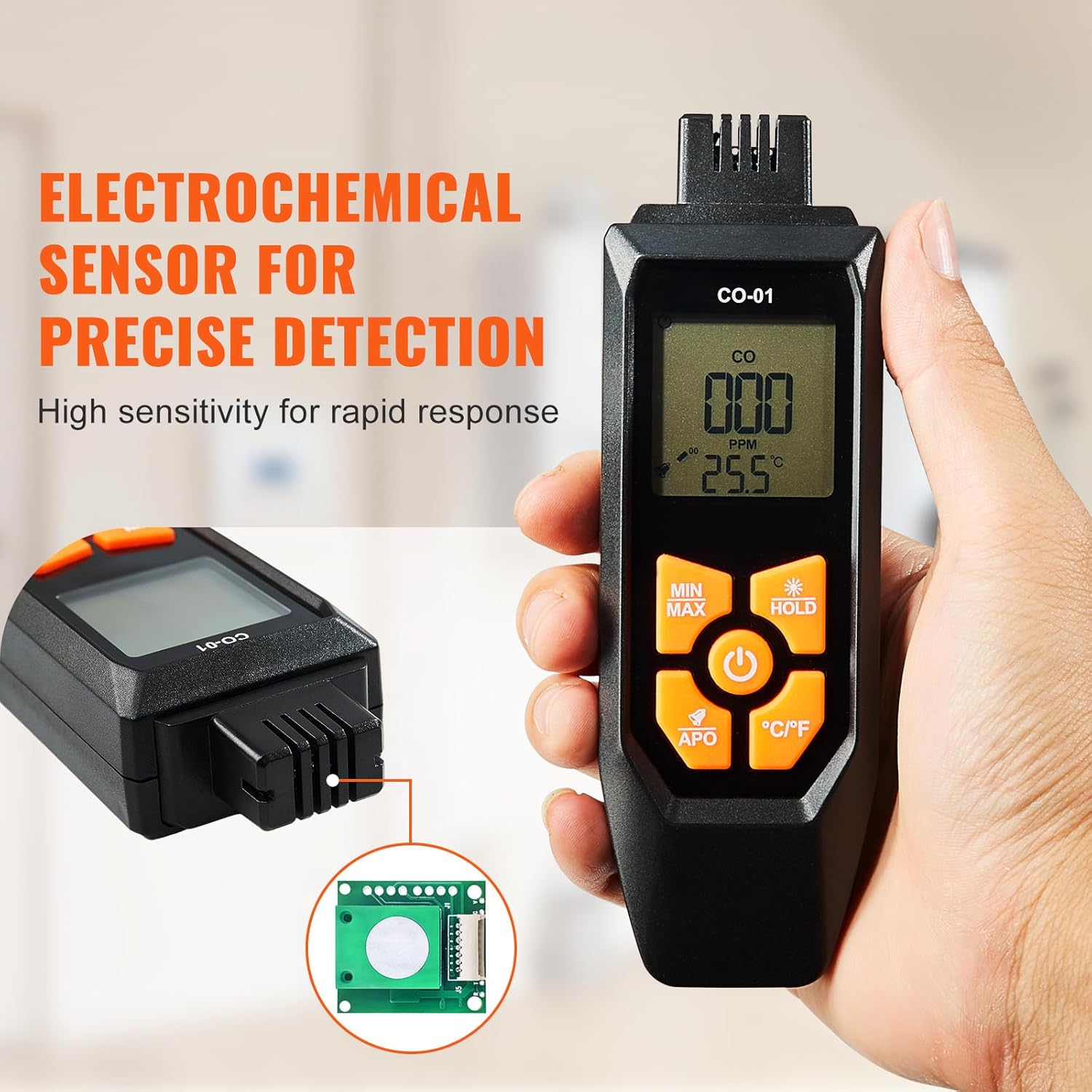 Happybuy CO Gas Monitor, 0-1000PPM Range, Features Sound & Light Warning, Handheld Carbon Monoxide Meter with Temp Sensing, Digital Display with Backlight, Suitable for Household/Industrial Use