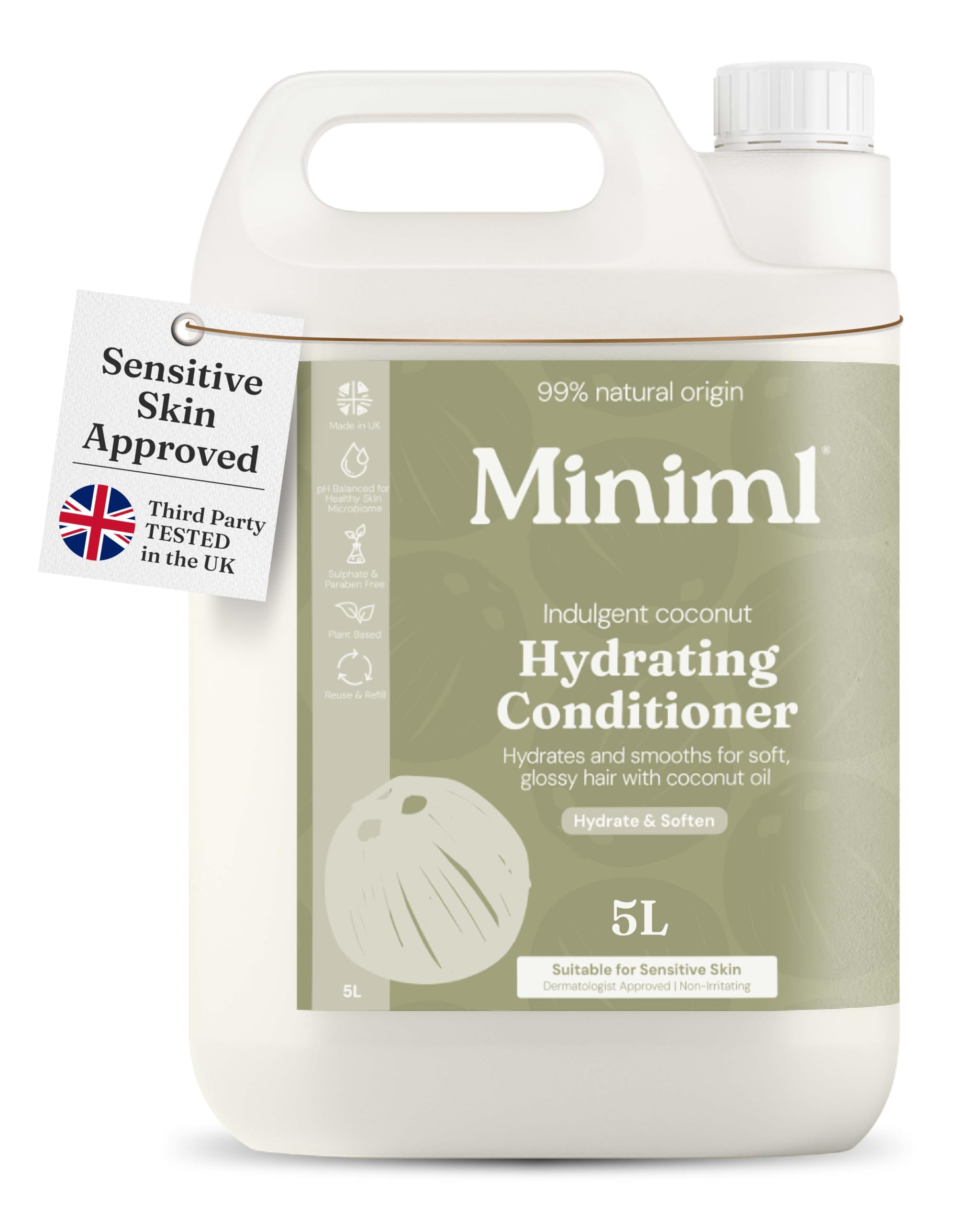 Miniml Natural Hair Conditioner Eco Friendly - Refill Nourishing Coconut Men and Womens Sensitive Scalp & Skin Cruelty Free Vegan Formula - For Greasy, Curly, Dry Hair, 5L (Pack of 1)