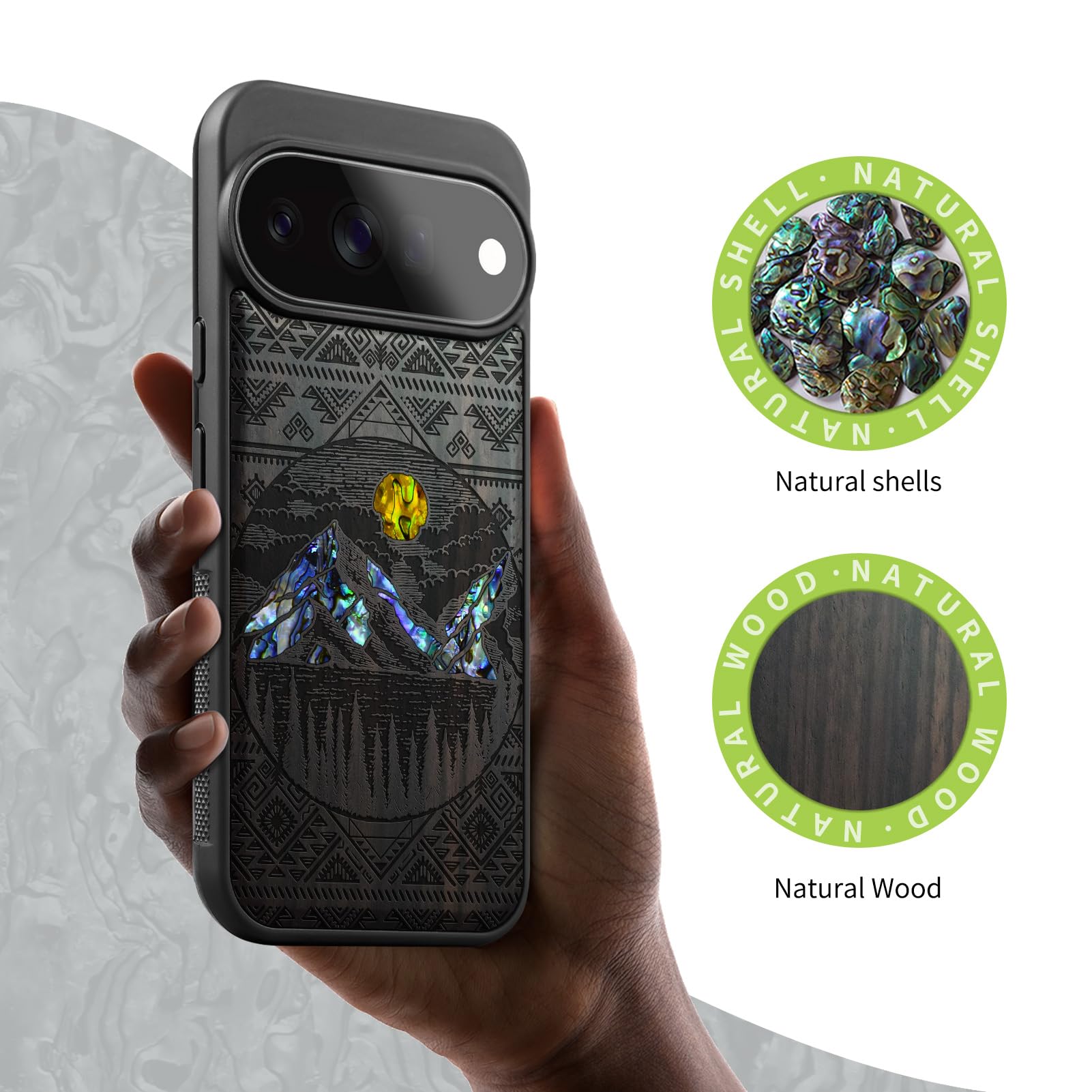 Carveit Madera Funda para Google Pixel 11 Pro (Oscura-Vistas Aztecas) | Compatible con MagSafe [Grabado en madera e incrustación de mejillones] Magnética Cover para Pixel 11 Pro Carcasa