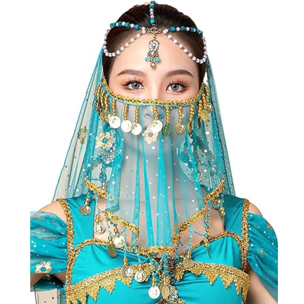 Women's Belly Dance Tribal Face Veil, Chiffon Mysterious Veils with Sequins Beads for Belly Dane Costumes, Retro Indian Dance Face Veil for Performance Halloween Costume Accessory for Women