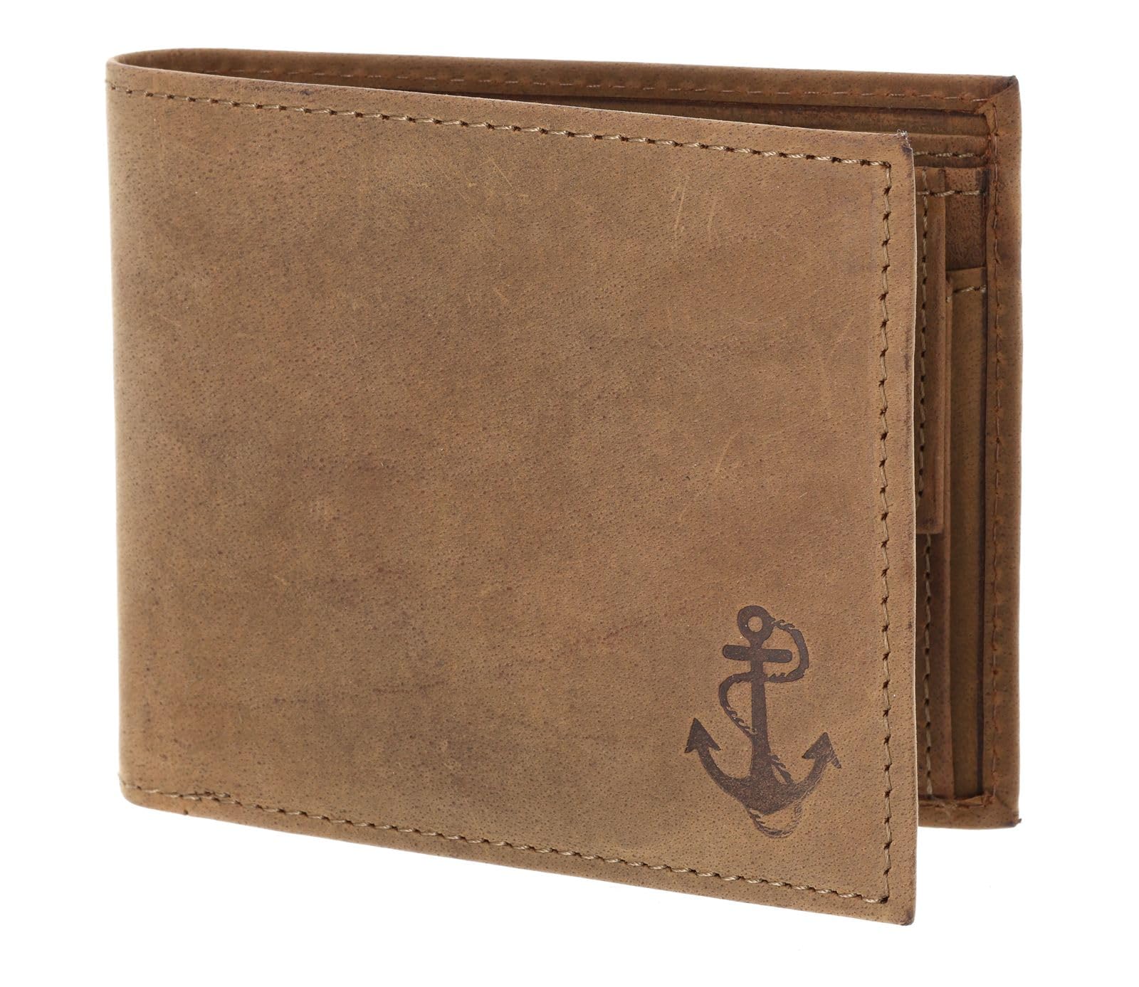 Oxmox Cuero Monedero Leather RFID Protect Querscheinbörse Freedom Anchor Embossed Vintage Light Brown marrón