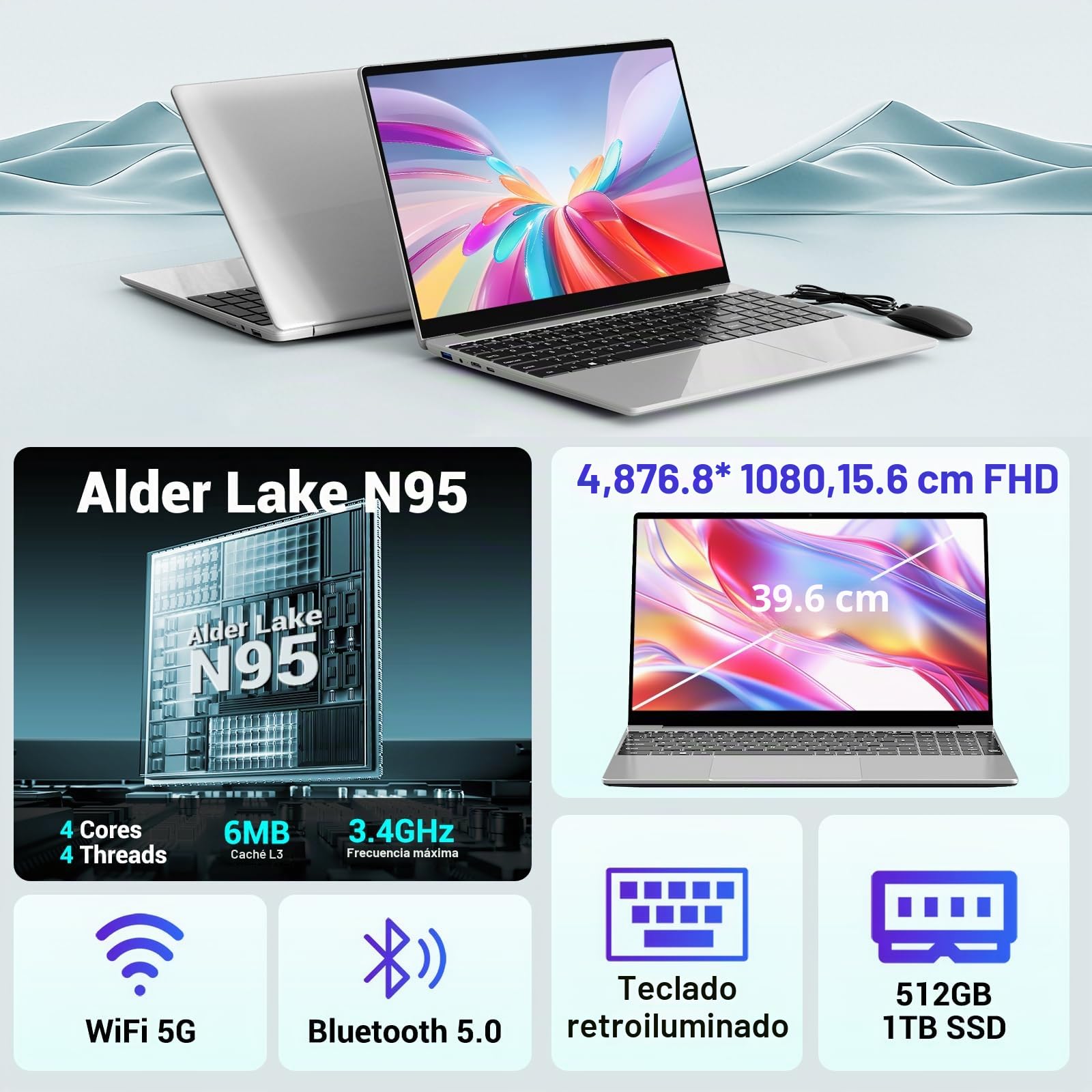PC portátil 15,6 Pulgadas,16 GB DDR4,SSD 512 GB,TF de 1 TB,N95 (hasta 3,4 GHz),Win11,1920 * 1080 FHD,5G WiFi/Widevine L1/DC 3.0/HDMI/Teclado España de Membrana,Plata
