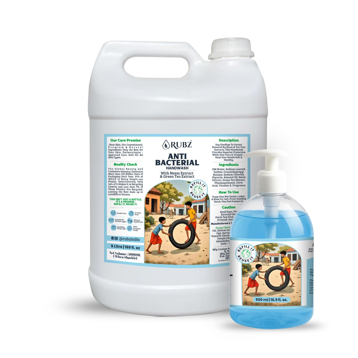 Rubz Anti-Bacterial Hand Wash Infused With Neem Extract | Refreshing Scent For Clean Hands | Suitable For All Skin Types | Refill Pack 5 Litre With 500ml Bottl-image-5