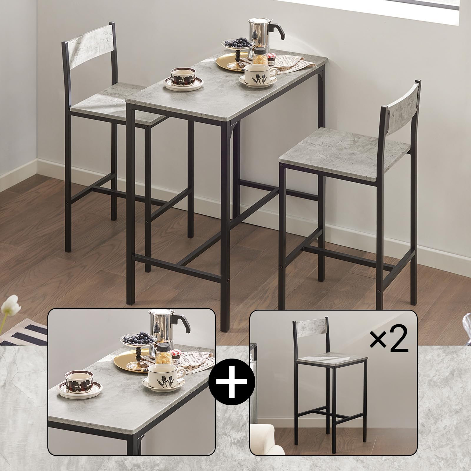 SoBuy OGT03-HG Ensemble Table Haute de Cuisine 87 cm avec 2 tabourets de Bar – Meuble Bar Compact Style Industriel Bois et Métal