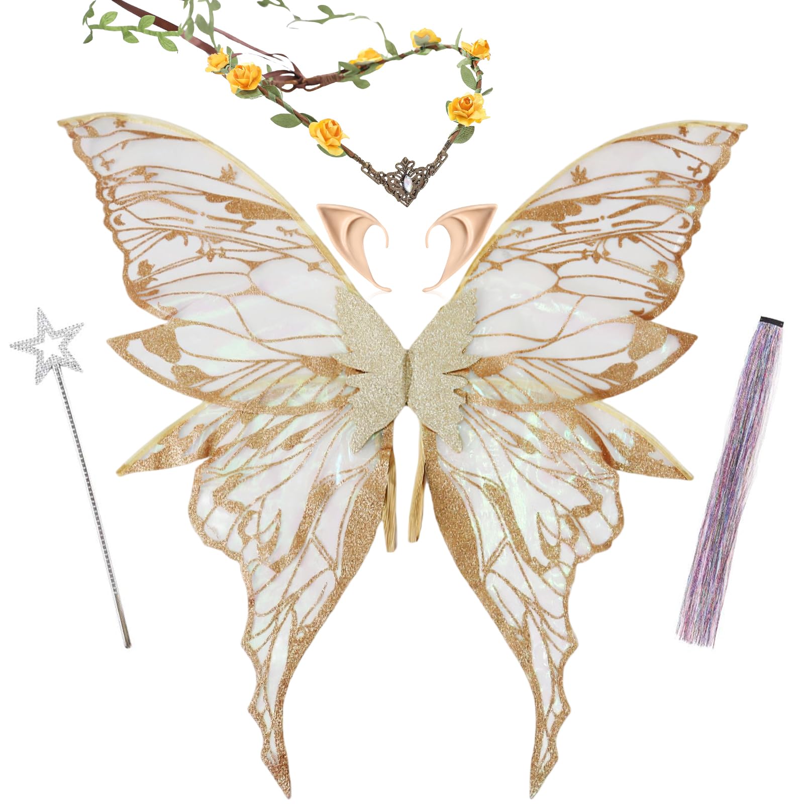 PartyforU Fairy Wings Adult for Women, 5 Pcs Gold Elf Costumes Butterfly Wings Elf Ears Flower Crown Fairy Wand Colorful Hair Piece, Halloween Renaissance Fancy Dress