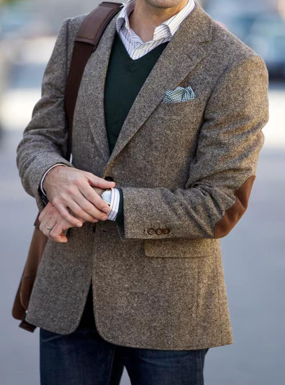 VENNYNG Mens Suit Jacket Single Breasted Vintage Short Trench Coat Blazer with Brown Elbow Patches