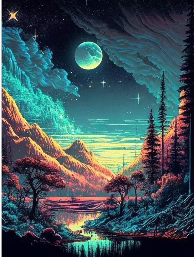 Diamond Painting Kits for Adults 5D Diamond Art Kit for Beginners, Mountain with Moon DIY Paint with Round Full Drill Diamonds Paintings Gem Art for Home Wall Decor Gift 12X16 Inch