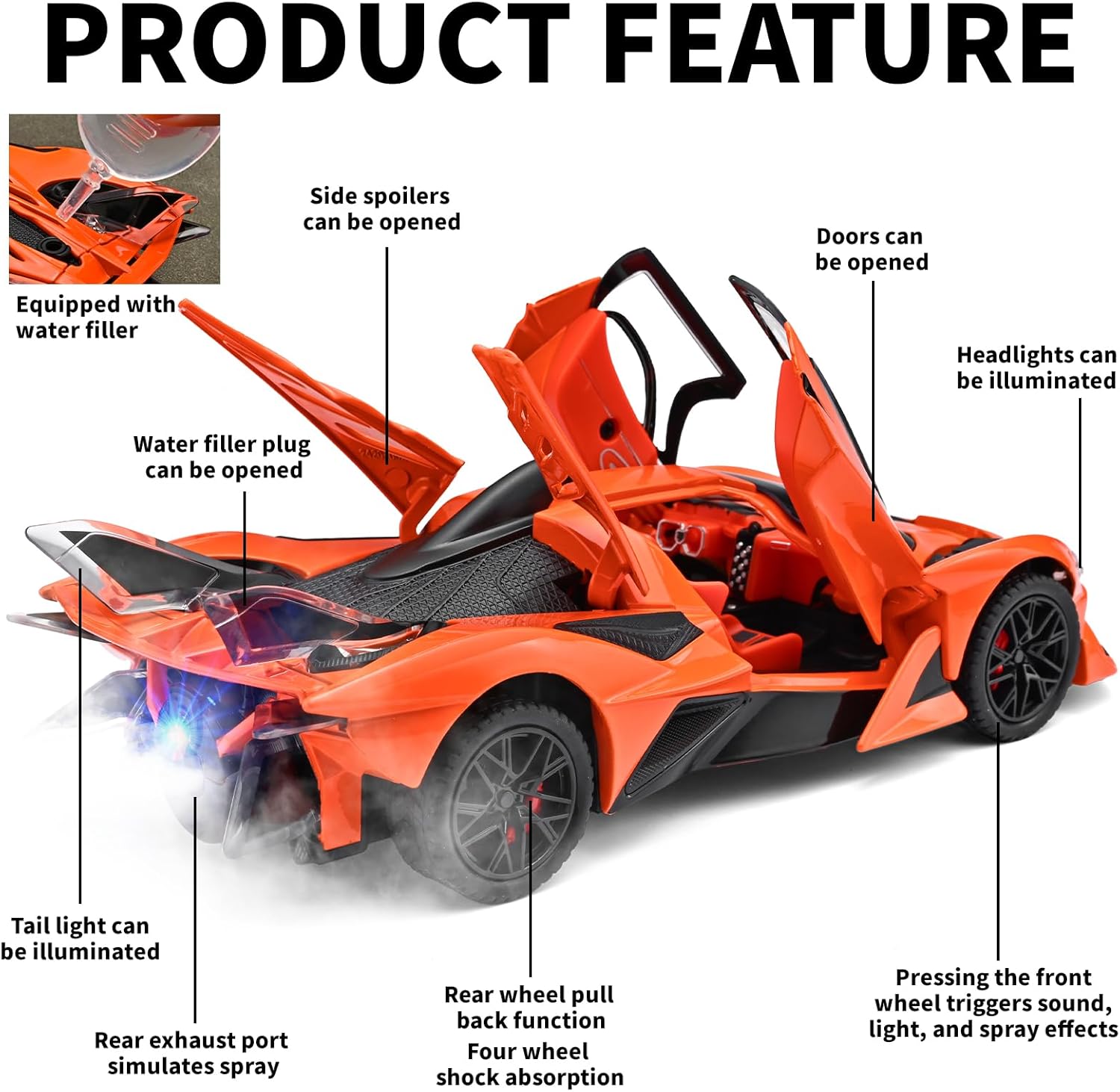 RZAPE Spray Project EVO Toy Cars 1/24 Diecast Cars Metal Car Carros De Coleccion,Model Car Kits for Adults and Boys,Pull Back Car with Lights and Sounds,Spray Toy Cars for Boys Age 3-12（Orange）