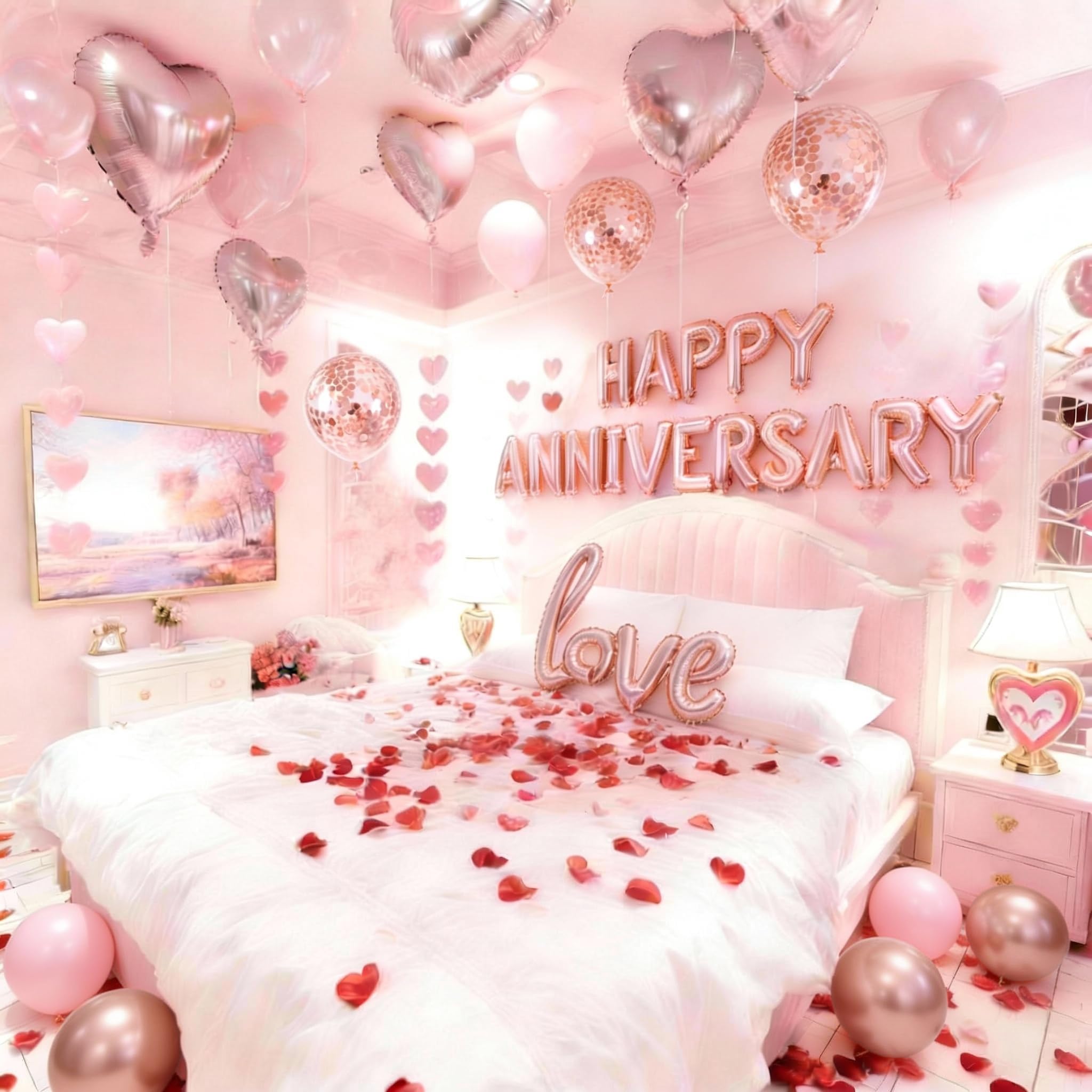 Anniversary Decorations, Happy Anniversary Banner, Pink Hanging String Hearts, Pink and Rose Gold Balloons, Love Balloon, Red Silk Rose Petals for Wedding Bridal Shower Bachelorette Party Decorations
