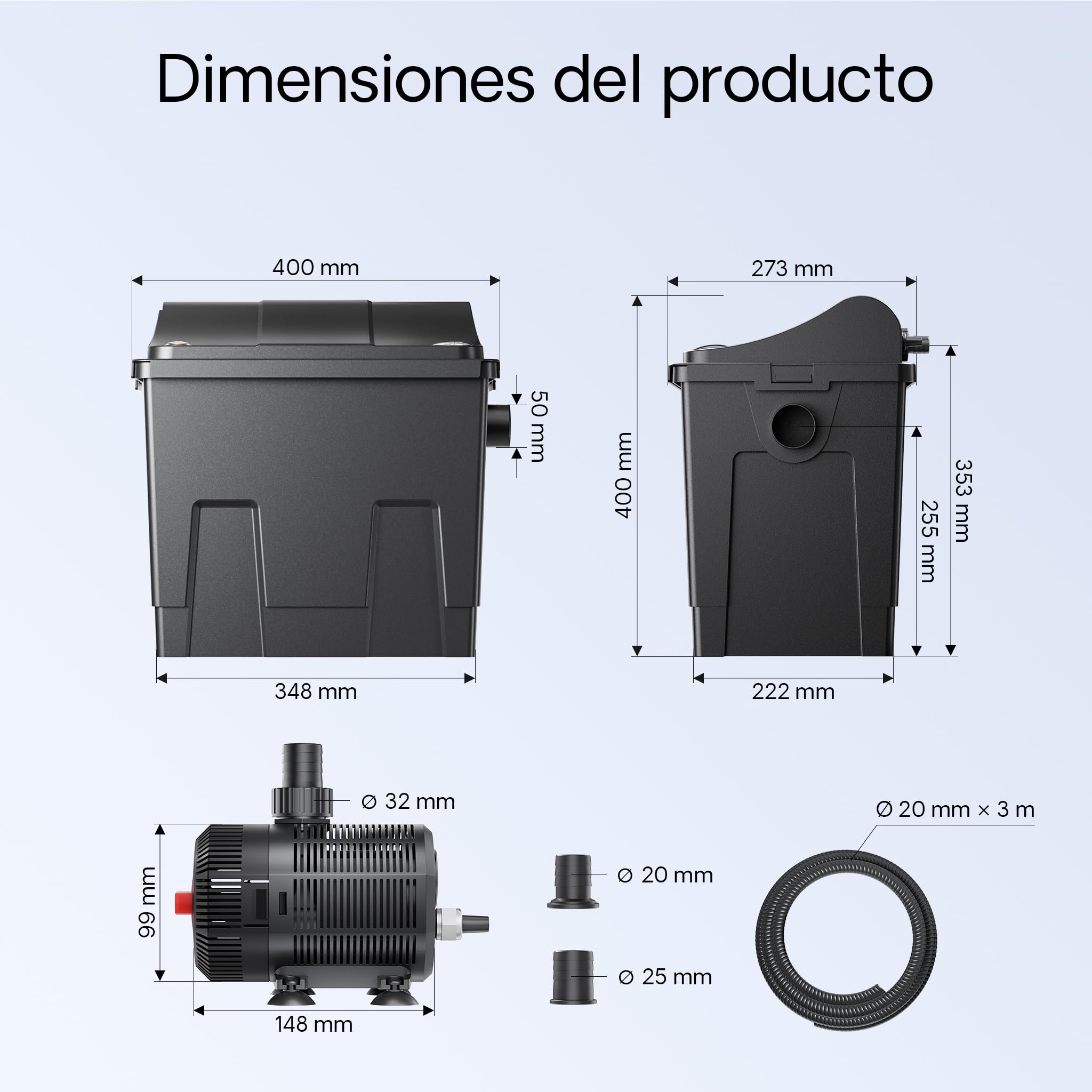 SunSun CBF-200T Bio Filtro de Estanque Set Completo con clarificador UVC 9 W, Bomba 2300 l/h 35 W termómetro y Medios fitrantes, Sistema de filtración biológica
