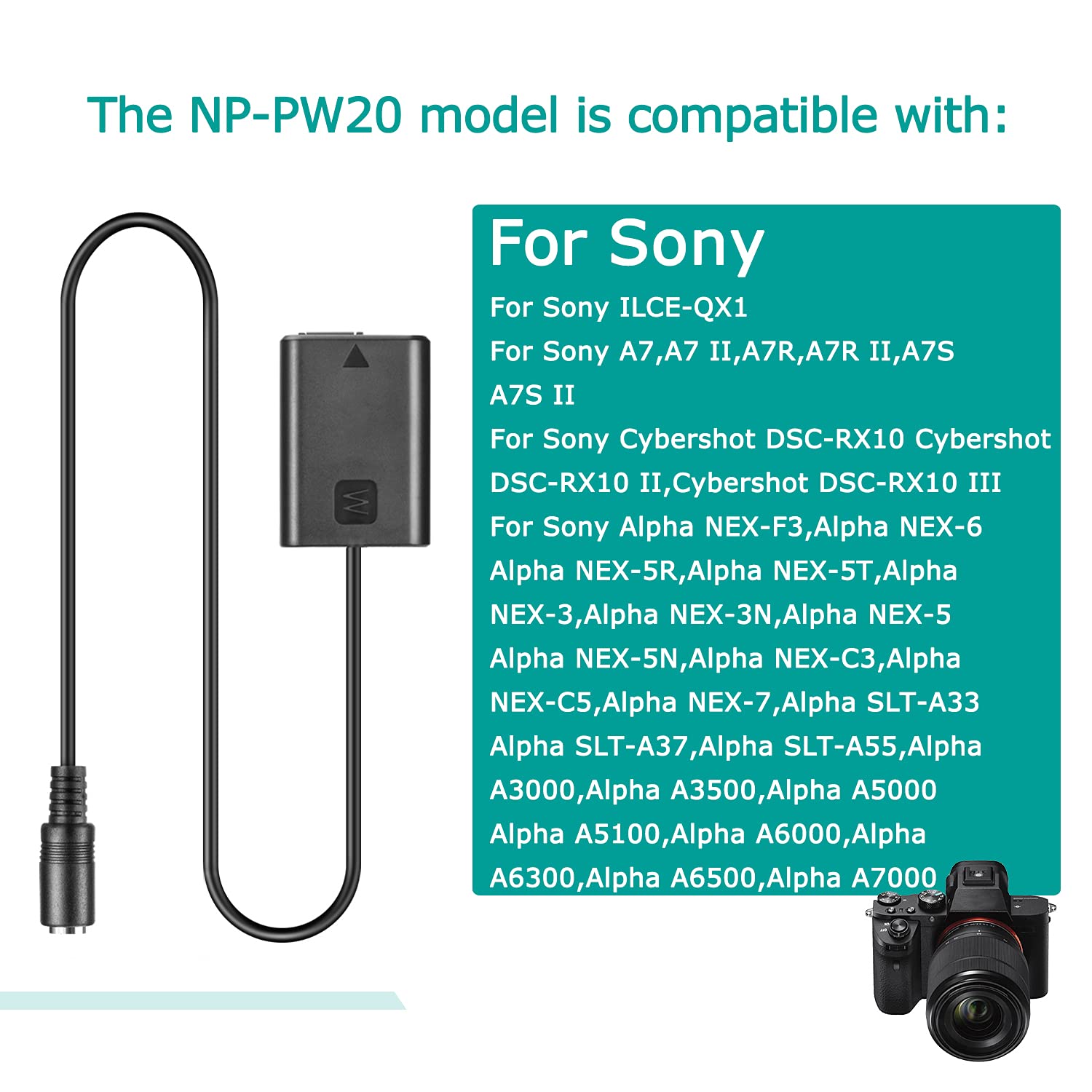 NP-FW50 Accoppiatore CC batteria fittizia AC-PW20 Adattatore di alimentazione CA per Sony Alpha A6000 A6500 A6300 A6400 A5100 A3000 A7 A55 A7II A7RII A7SII A7S A7R NEX 3/5/7 RX10 II III IV