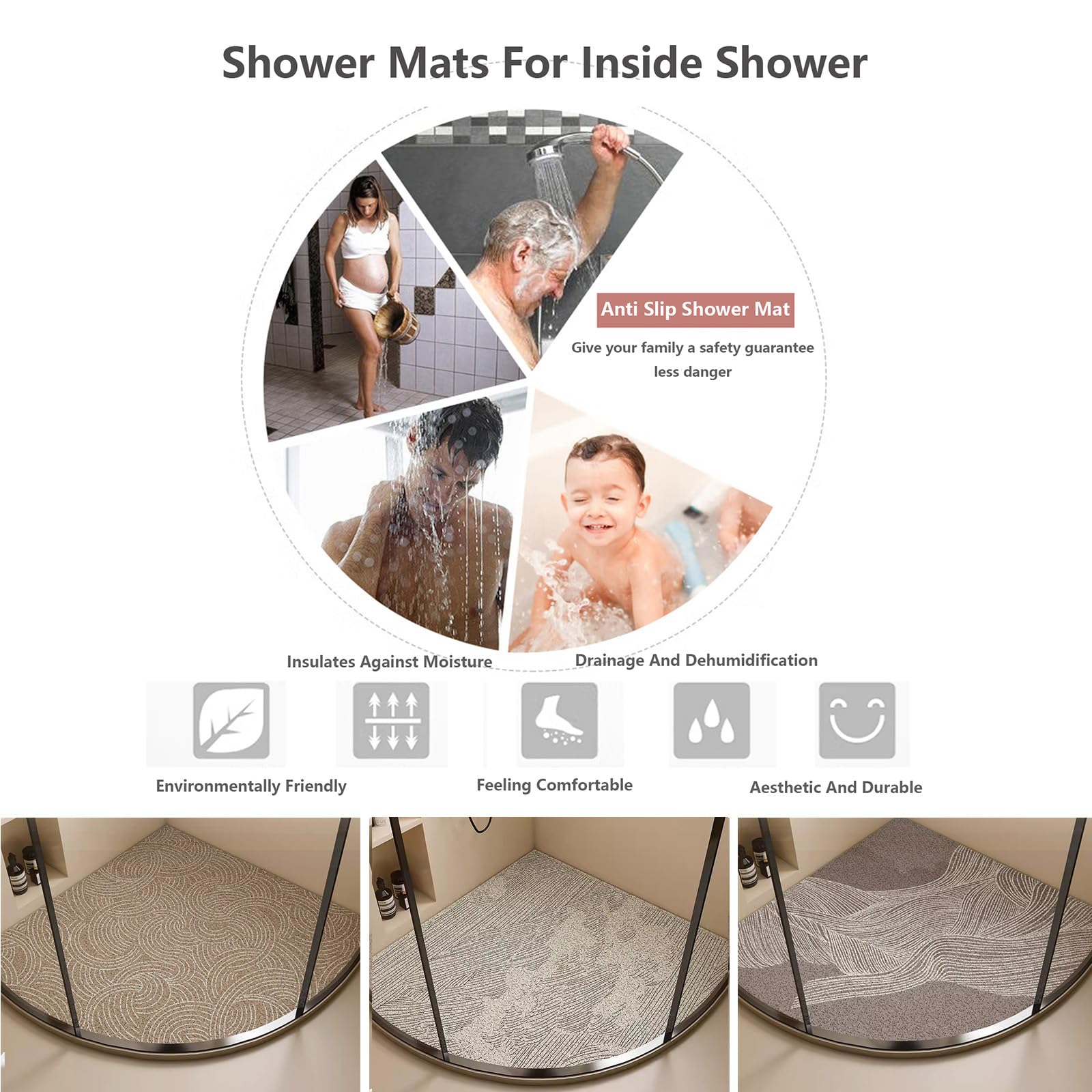 Duschmatte Dreieckig, Duschmatte Dreieckig für Eckdusche, Komfortabel Duschmatte Rutschfest Halbrund, PVC-Luffa Badematte Halbrund mit AblauflöChern Sicherheits, Schnell Trocknend,D,80x80cm(32x32inch)