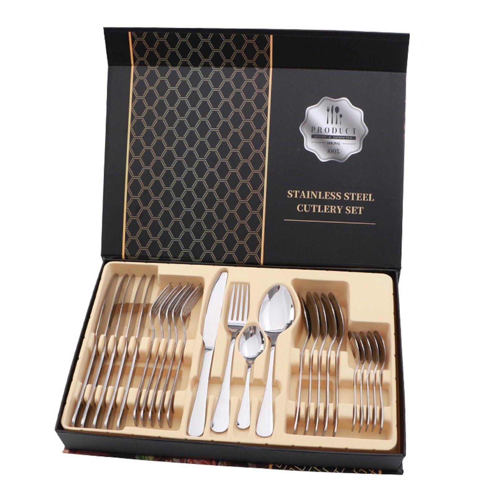 Juego de Cubiertos de Acero Inoxidable de 24 Piezas Juego de Cuchara y Tenedor para Carne Cubiertos con Acabado de Espejo para Uso en Restaurantes en el Hogar (Silver)