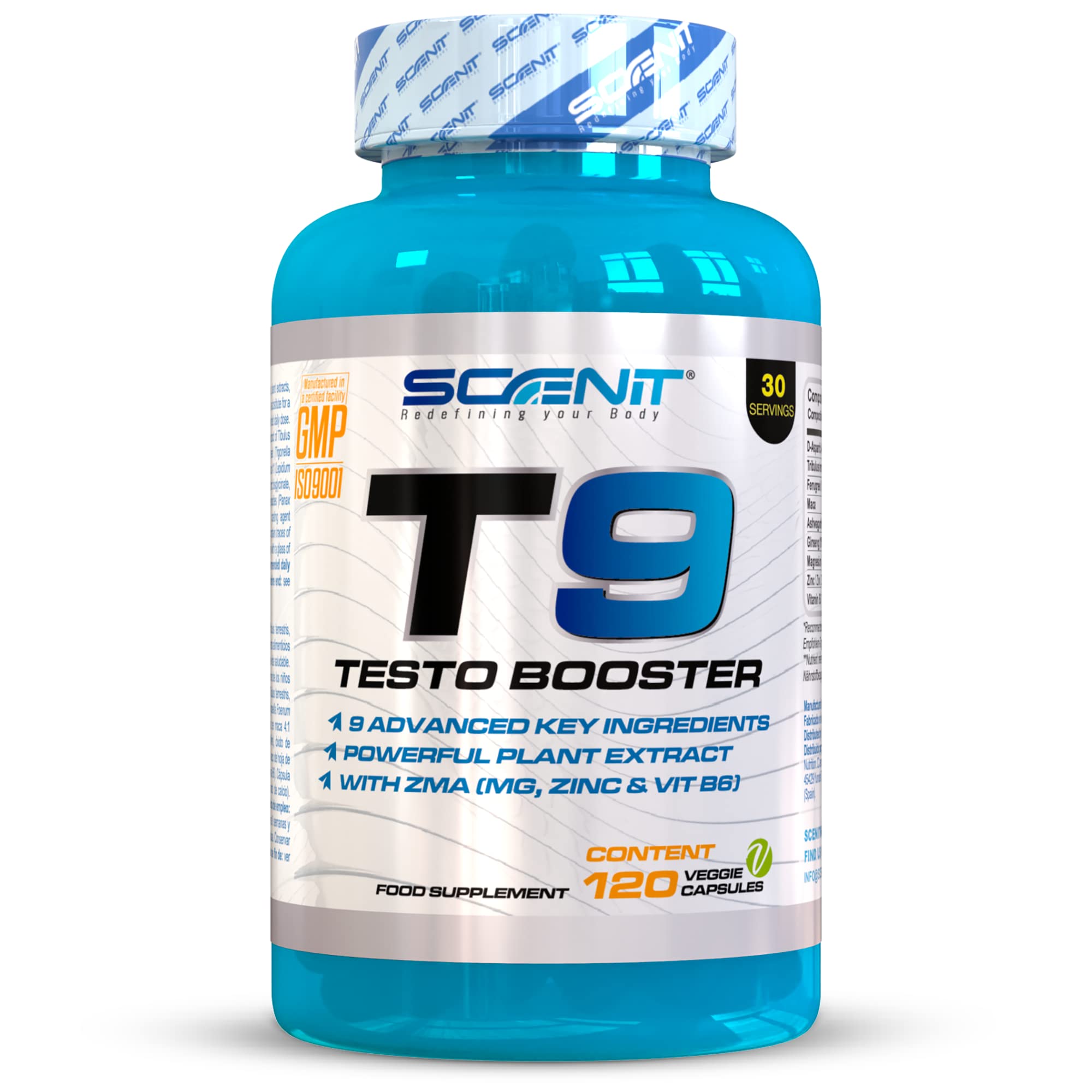 Testosterona Hombre - T9 Testo Booster - 120 veg-caps - 9 ingredientes avanzados. - Testosterona - Con Tribulus, Fenogreco, Ashwagandha, Zinc, Magnesio