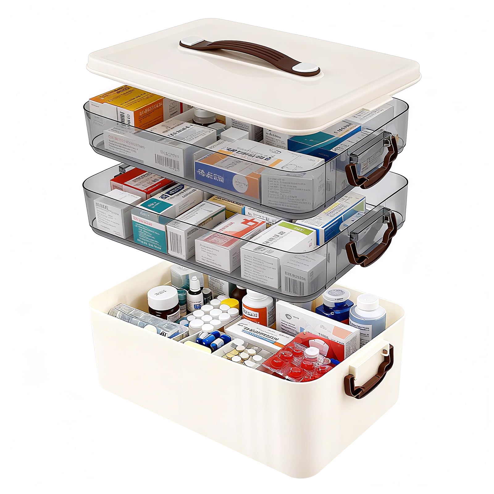 Porta Medicine da Casa, 3 Piani Scatola Porta Medicine, Portatile Scatola per Medicinali con Manico Ergonomico e Coperchio per Medicine, Gadget, Gioielli, Cosmetici (Bianco)