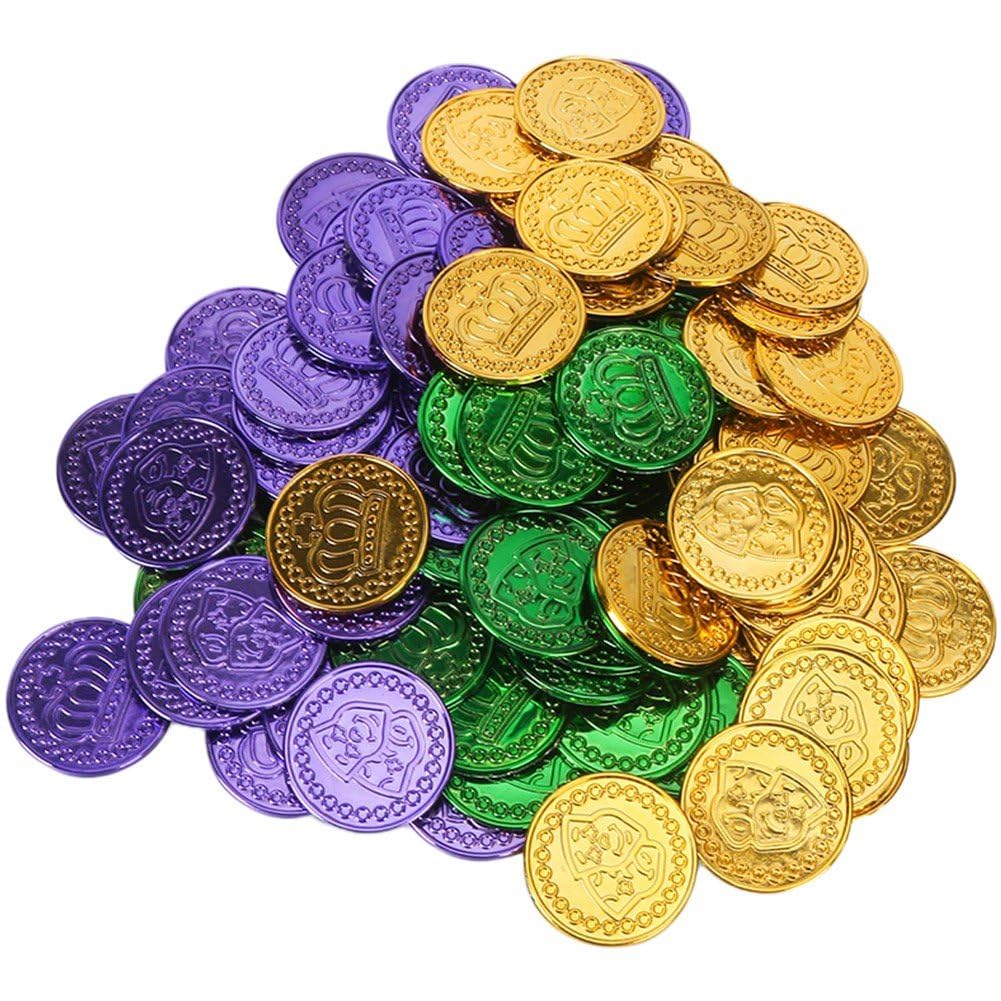 Lipfer Mardi Gras Coins 100 Pcs Pirate Coins Round Plastic Coins Green Purple Gold Fake Gold Coins Mardi Gras Party Supplies