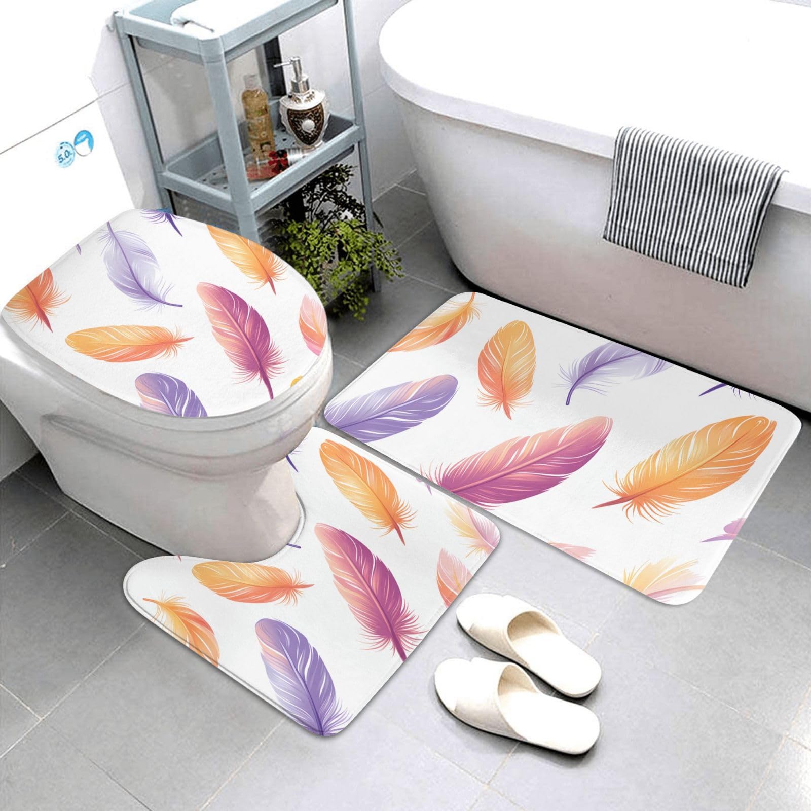 Lot de 3 tapis de bain à plumes violettes et oranges, doux et absorbants, en mousse à mémoire de forme, tapis de toilette en forme de U, décoration d'intérieur, séchage rapide