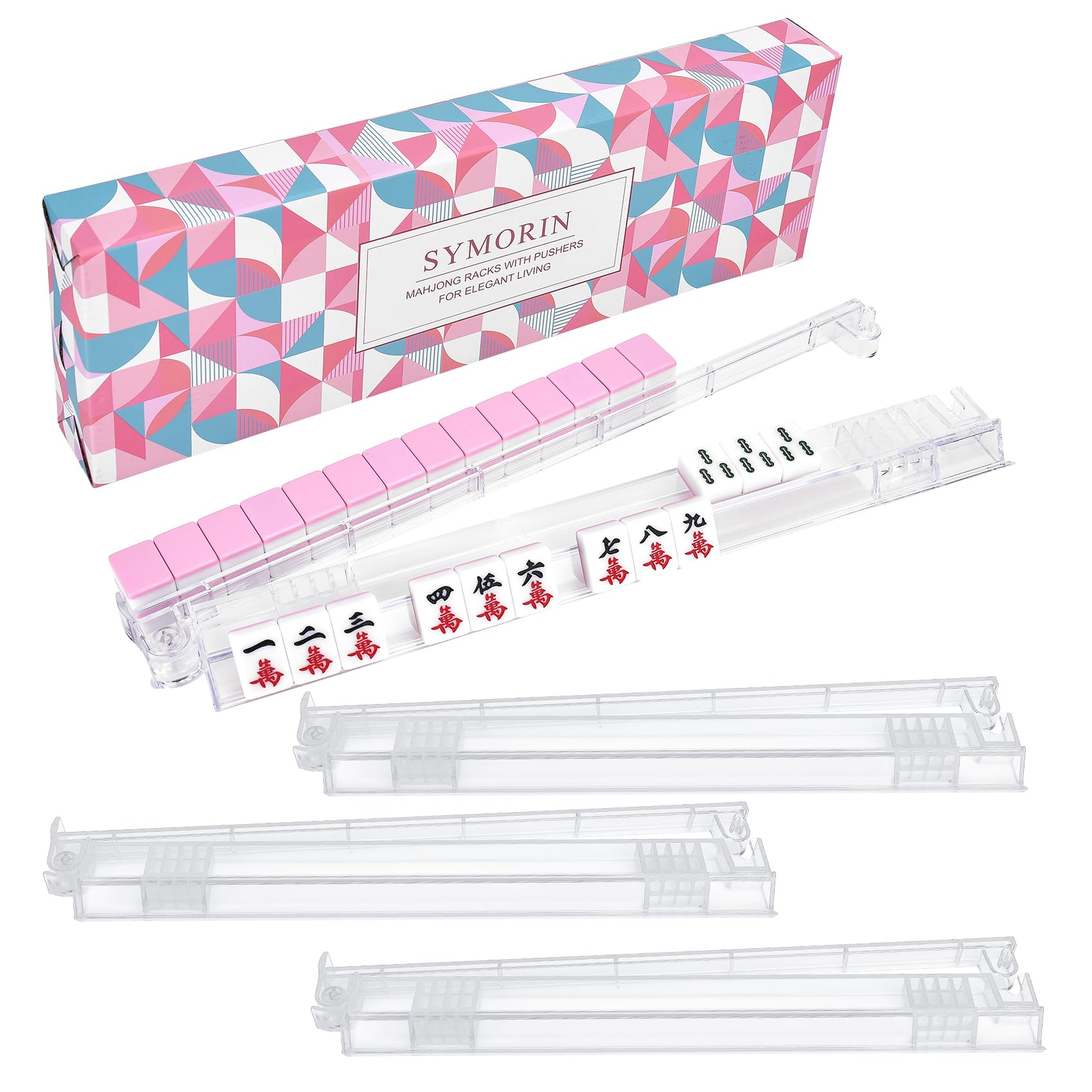 Photo 1 of SYMORIN Non-Slip Mahjong Racks with Pushers, 4-Pack Clear Acrylic Racks, American Mahjong Accessories, Gift-Ready Mahjong Gifts (Clear)