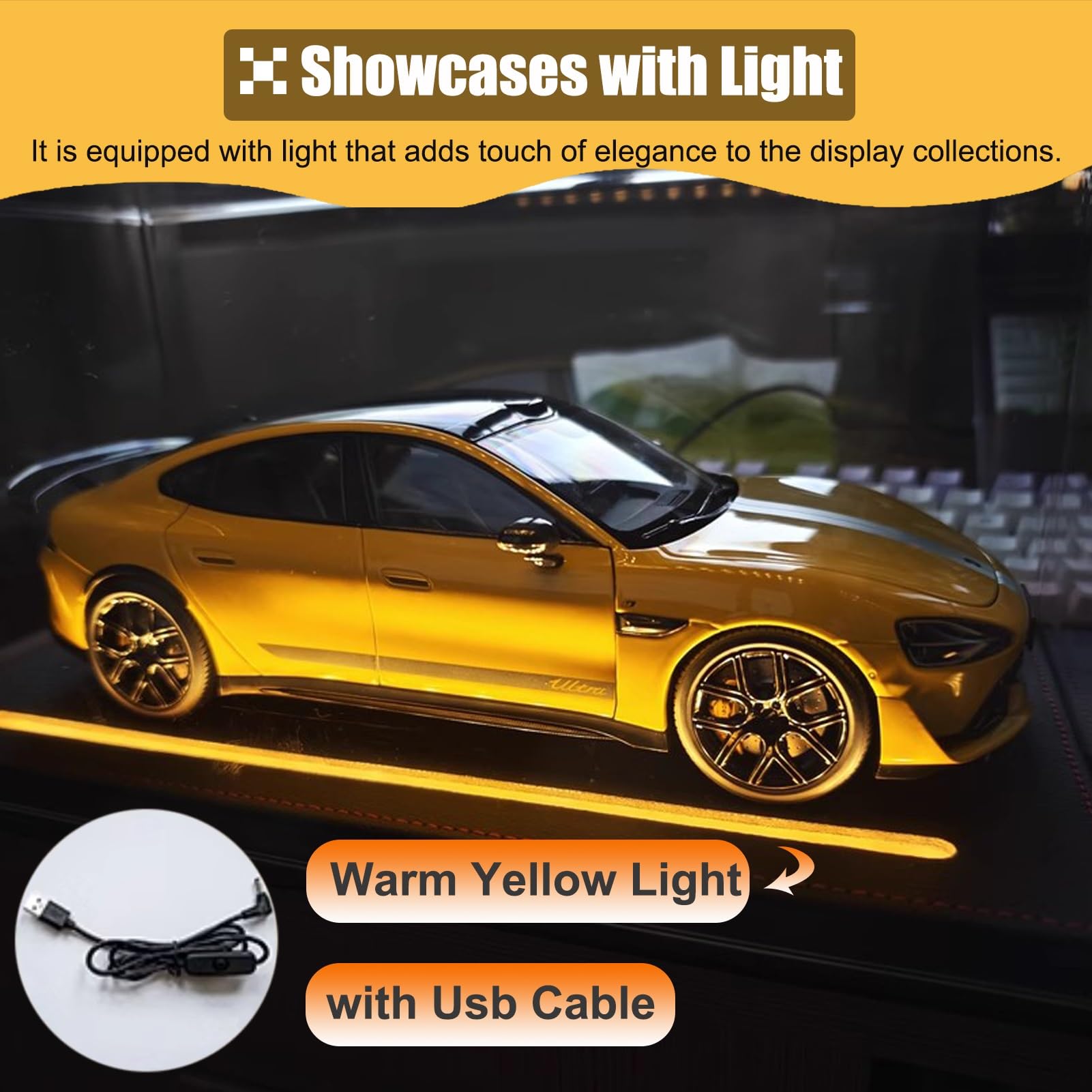 ZIMGOD Vitrina AcríLica Caja Expositora Apilable con Cable USB y Luz LED, Caja Acrílica de Modelo de Coche de Alta Transparencia para Escala 1/24, Vitrina con Placa de Fondo Extraíble(Brown)
