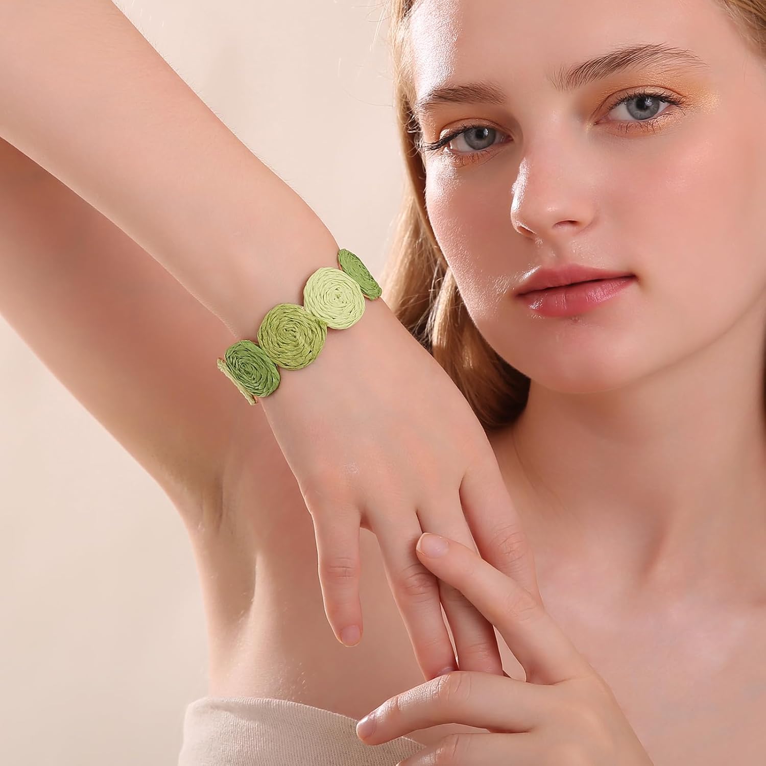 Raffia Multiple Circles Cuff Bracelet for Women, Handmade Colorful Round Bangle Geometric Adjustable Statement Bracelet - Image 2