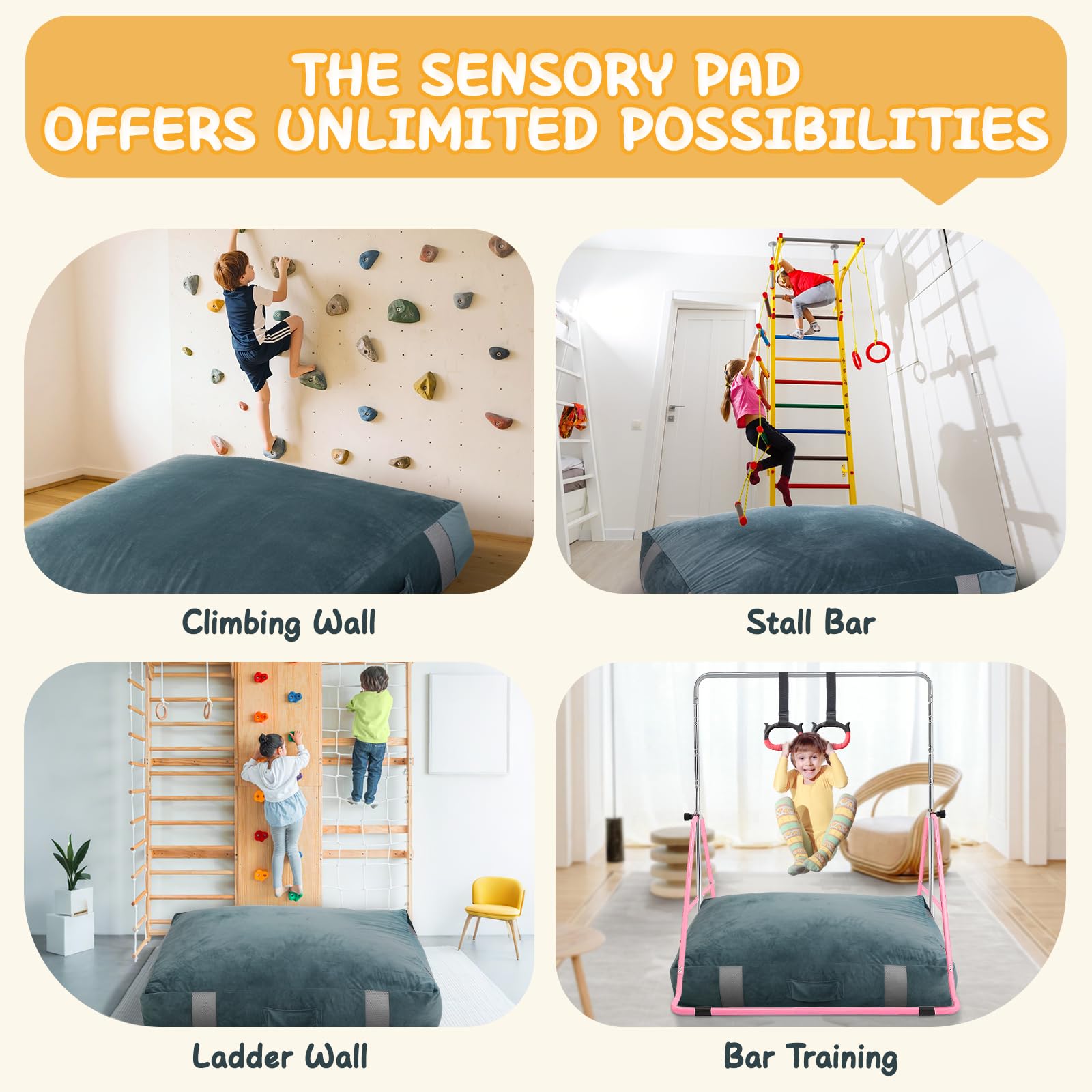 FINCOME Crash-Pads für Kinder, sensorische graue Crash-Pads mit Schaumstoffblöcken, waschbarer Samtbezug, sensorisches Crash-Pad für Klettern, Gymnastik, sensorisches Pad für sensorisches Werkzeug