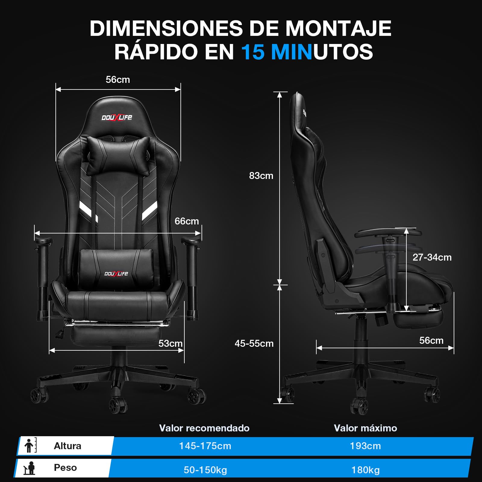 Douxlife Silla Gaming con Masaje de 7 Puntos, Silla de Oficina Ergonómica, Respaldo Ajustable 90-175°, Pasamanos 2D Ajustables, Capacidad de Carga 150-180 Kg, Negro Oscuro