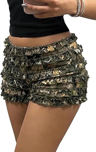 SHENHE Pantalones cortos sexys con volantes Y2k para mujer, estampado de camuflaje, tiro bajo, micropantalones cortos