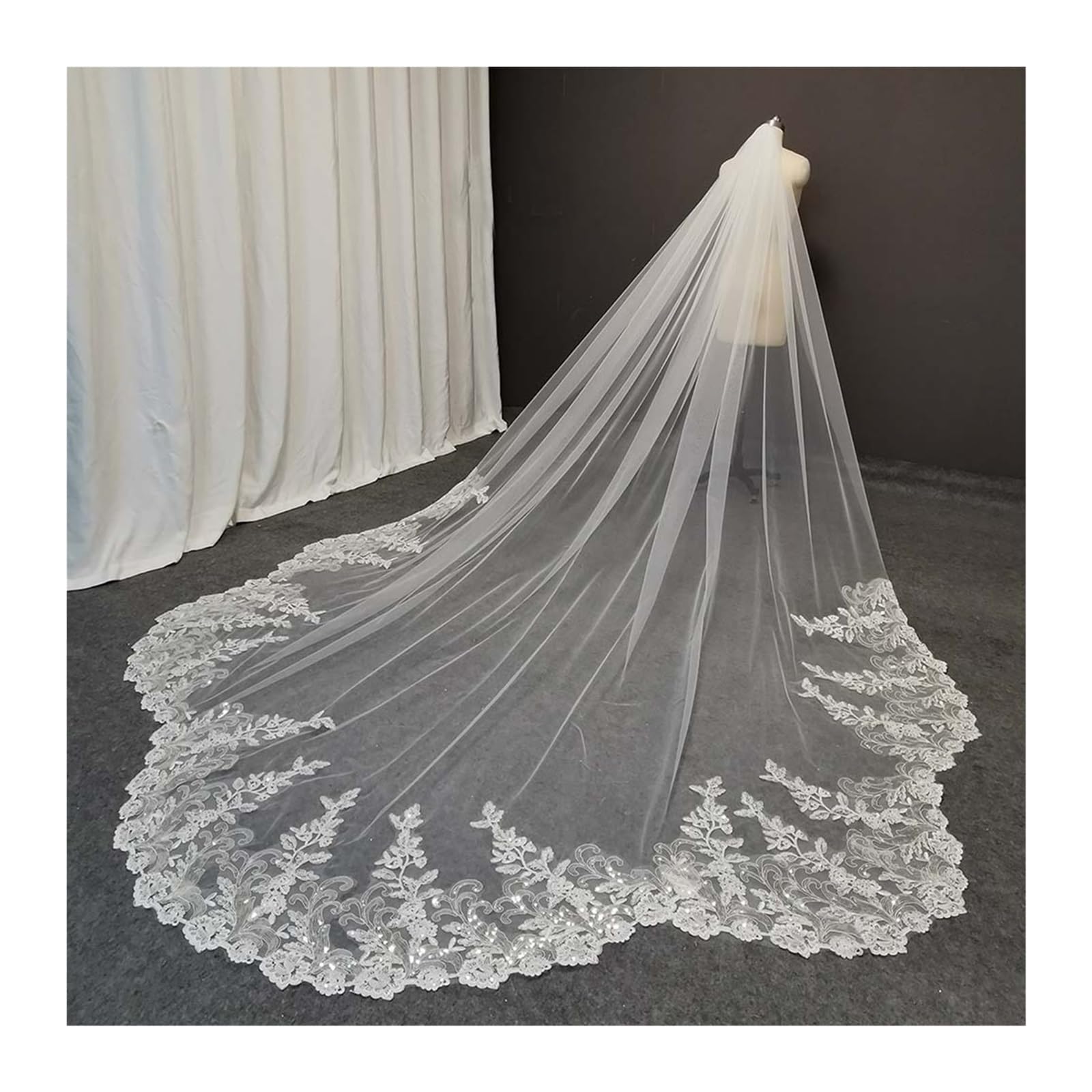 Voile de mariée 1 niveau paillettes dentelle blanc 350cm avec peigne