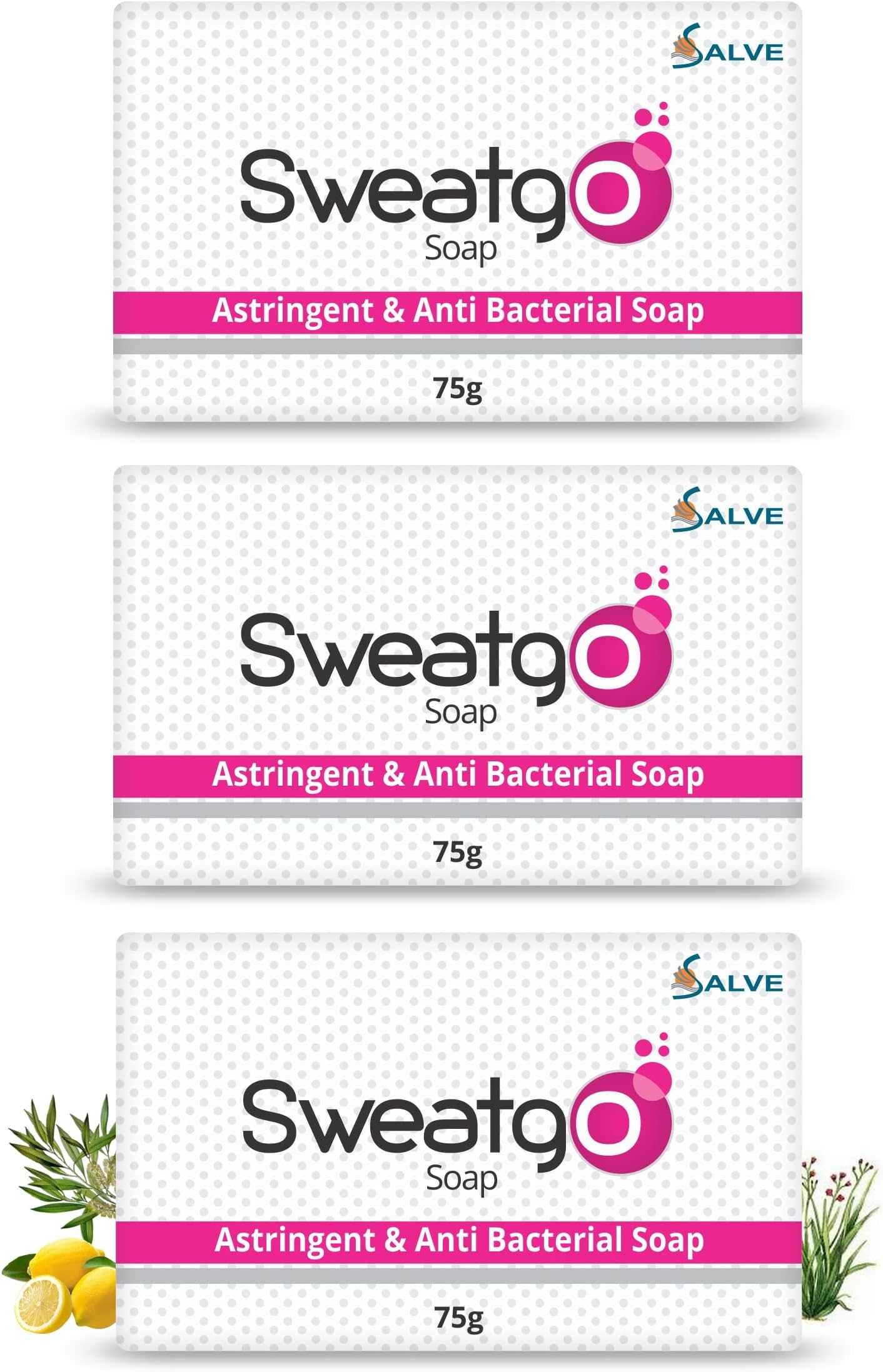 Salve Sweatgo Astringent & Anti-Bacterial Soap 75 g (Pack of 3) | Daily Cleansing Bar for Fresh & Odor-Free Skin | Suitable for Oily & Sweat-Prone Skin