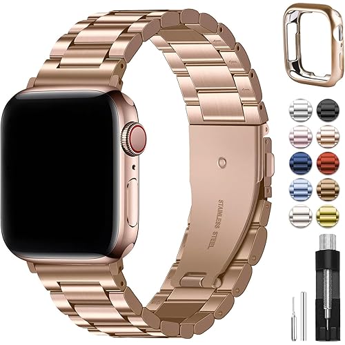 Fullmosa Metal Band Compatible with Apple Watch Bands Series 11 10 46mm, Stainless Steel Strap iWatch Band with Case for Apple Watch, Rose Gold