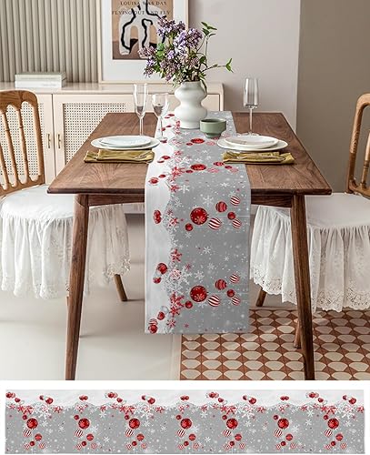 Miniatura 3 de Camino de mesa de bolas de Navidad rojas  72 pulgadas de largo, copo de nieve de invierno, mezcla de algodón y lino, bufandas de vestir de granja